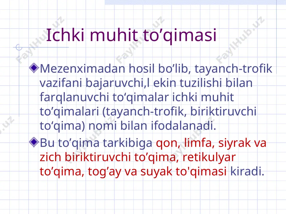 bilan almashinishi) glikoforin – glikokaliksni xosil qilishda qatnashadi, reseptor vazifani bajaradi, qon guruhini belgilovchi a va b agglyutinogenlarni tutadi. plazmolemmasi ortiqcha aminokislotalarni oʻziga biriktirishi natijasida qon plazmasidagi aminokislotalarning bir xil miqdori saqlanadi. tarkibi: - 40% quruq modda, 60% suv. quruq moddaning 95% - gemoglobin. yashash muddati - 120 sutka. eritrositlar * eritrositlar (сэм ostida ) leykositlar miqdori sogʻlom kishilarda 1 l qonda – 4-9x109 (sonining koʻpayishi – leykositoz, kamayishi – leykopeniya). granulosit (maxsus donachalar tutuvchi) va agranulositlarga (maxsus donachalar tutmaydigan) boʻlinadi. barcha leykositlar: - yumaloq, sharsimon shaklga ega; - suyuqlikda psevdopodiyalar yordamida xarakatlanadi; - qonda qisqa muddat (bir necha soat) harakatlanadi, soʻngra biriktiruvchi toʻqimaga oʻtib funksiyalarini bajaradi. - himoya vazifasini bajaradi. * базофил эозинофил нейтрофил лимфоцит моноцит leykositlar turlari neytrofillar periferik qonda – 65-70% diametri: qon tomchisida - 7-8 mkm, surtmada - 12-13 mkm. sitoplazmasida organellalari kuchsiz rivojlangan, koʻplab donachalar tutadi. yadrosi ingichka koʻprikchalar orqali birikkan segmentlardan iborat. neytrofil turlari …