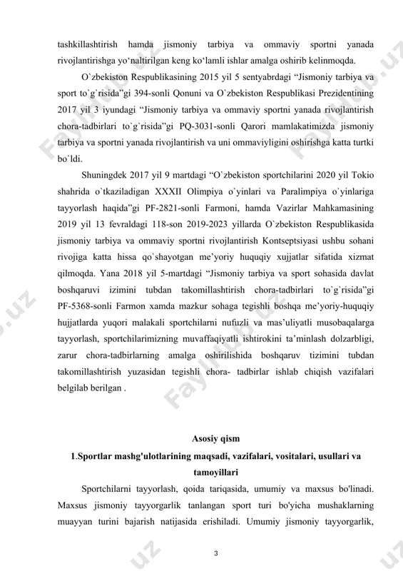 oshqa tomonlarining mukammallik darajasiga bog'liq bo'lib, ular tomonidan belgilanadi va o'z navbatida ularning darajasiga ta'sir qiladi. masalan, sportchining texnik jihatdan takomillashishi turli harakat sifatlari - kuch, tezlik, moslashuvchanlik, muvofiqlashtirish qobiliyatlarining rivojlanish darajasiga bog'liq. harakat sifatlarining namoyon bo'lish darajasi, masalan, chidamlilik, texnologiya samaradorligi, charchoqni engish uchun aqliy barqarorlik darajasi, qiyin sharoitlarda raqobatbardosh kurashning oqilona taktik sxemasini amalga oshirish qobiliyati bilan chambarchas bog'liq[footnoteref:1]. [1: kodirov n. problems of the globalization of information culture in the current time – 2020. – т. 4. – с. 272-274] shuni ham ta'kidlash kerakki, taktik tayyorgarlik nafaqat sportchining ma'lumotni idrok etish va tezda qayta ishlash qobiliyati, ratsional taktik reja tuzish va vaziyatga qarab vosita muammolarini hal qilishning samarali usullarini topish qobiliyati bilan bog'liq. texnik mahorat darajasi, jismoniy tayyorgarligi, mardlik, qat'iyatlilik, maqsadlilik va boshqalar bilan. tanlangan musobaqa mashqlari - bu kurash vositasi bo'lgan va iloji bo'lsa, tanlangan sport turi bo'yicha musobaqalar qoidalariga muvofiq bajariladigan yaxlit harakatlantiruvchi harakatlar (yoki …