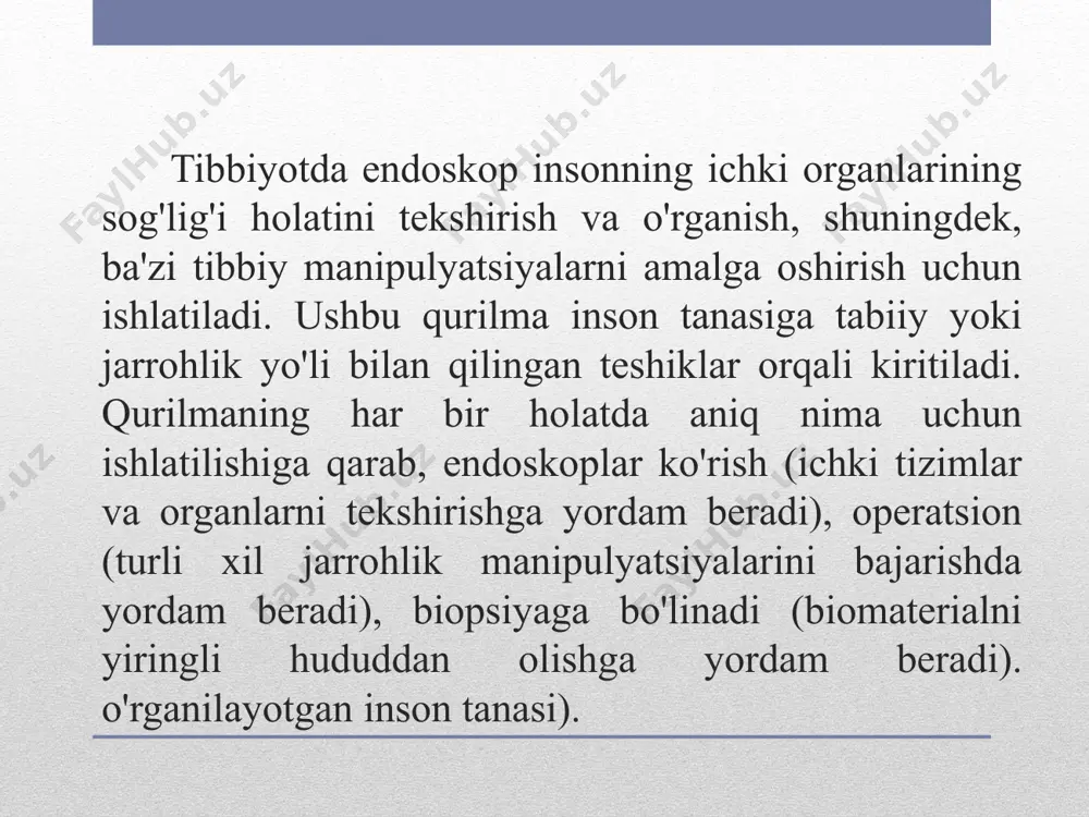 kamera tizimidan foydalanadilar, bu nafaqat yaxshi tasvir sifati, balki yorqinligi ham kuchli. , va rasm katta bo'lib, mayda shikastlanishlar aniqlanishi mumkin va elektron endoskopning tashqi diametri nozikroq, tasvir aniqroq va intuitivdir va operatsiya qulay. u nafaqat to'qimalar va organlarning morfologiyasi to'g'risida diagnostika ma'lumotlarini olishga imkon beradi, balki to'qimalar va organlarning turli fiziologik funktsiyalarini o'lchaydi. elektron endoskopning tuzilishi asosan tolali endoskop bilan bir xil. oddiy qilib qo'llanma nurini ccd bilan almashtirish tushunilishi mumkin foydalanilgan adabiyotlar: 1. пеккер я.с. бразовский б.с компьютерные технологии в медико-биологических исследованиях. сигналы биологического происхождения и медицинские изображения. учебное пособие –томск: изд. тпу 2002 г. 2. рангайян р.м. анализ биомедицинских сигналов. практических подход/ пер.с англ. под. ред. а.п немирко –м: физматлит 2007. 3. магрупов т.м. анализ и обработка биосигналов. конспект лекция тгту 2006г. image2.png image3.png