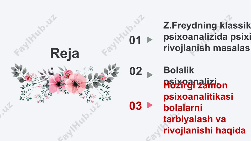 ng g‘amxo‘rligi, tashqi xavfsizligi, himoyalanganligidan darak beradi. emotsional himoyalangan bolaning soglom psixik tarqqiyot yo‘llari ochiq boladi. ona bilan bola orasidagi dastlabki emotsional «boglanishning buzili-shi» psixik kasalliklar va shaxsiy muammolarning vujudga kelish xavfini oshiradi (masalan, depressiv holatlar). e.fromning bola tarbiyasida ota va onaning roli haqidagi fikrlari ham e’tiborga loyiq. onaning bolaga muhabbati shartsiz zarur: bola borligi uchun yaxshi ko‘riladi. ona hayotga ishonishi va ortiqcha xavotirlanmasligi zarur, shundagina u bolaga xavfsizlik hissini uzatishi mumkin. otaning muhabbati — shartli muhabbatdir, uni majburiyatlarni bajarib, tartibga rioya qilib, kutilmalarga mos harakat qilib qozonish mumkin no.01 no.02 bolalar psixoanalizi ta’lim va ijtimoiy sohalarda ishni tashkil etishda, ota-onalar bilan ishlashda katta ta’sir ko‘rsatadi. uning asosida «xatar guruhi» bolalari uchun turli xil «ota-ona — bola» munosabatlarini tuzatish bo‘yicha dasturlar tuzildi. zamonaviy psixoterapiyaning maqsadlari juda keng sohalarda qollanilmoqda: nevrotik belgilarni yo‘qotishdan, xavotirlanishni kamaytirish, aqliy faoliyatni tashkil etish o‘zgarishlarigacha xulq-atvorni yaxshilashdan iborat etiboringiz uchun raxmat image1.png