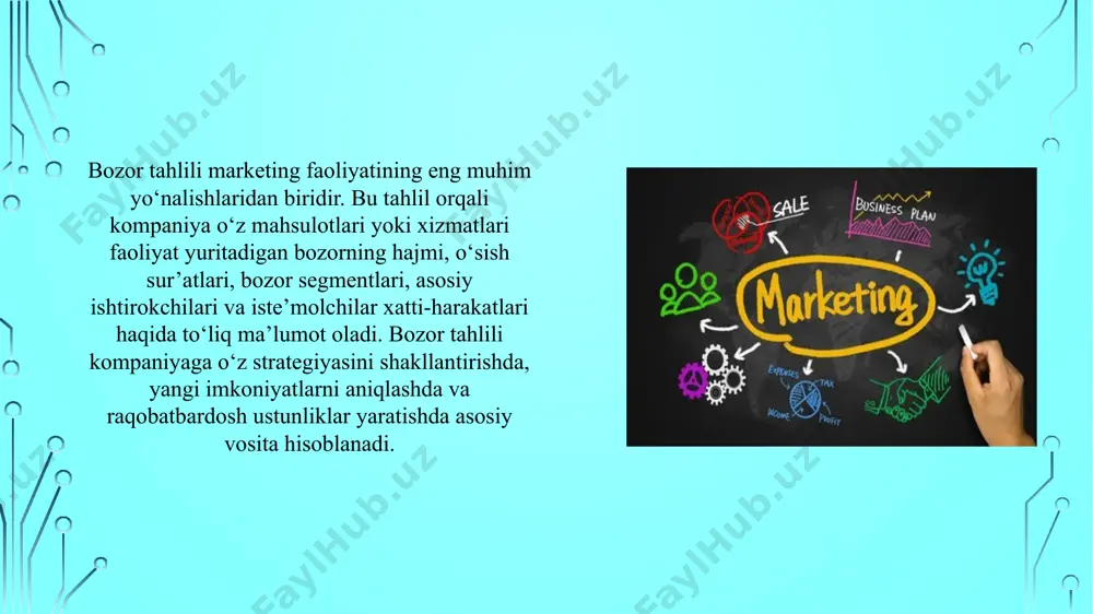 rx siyosatini belgilash – marketing strategiyasining muhim qismi. narx tahlili orqali kompaniya o‘z mahsulotining iste’molchi uchun qanchalik arzon yoki qimmat ekanligini baholaydi, narxning bozordagi talab va raqobatchilarning narxlari bilan bog‘liqligini aniqlaydi. bu tahlil talab elastikligi, rentabellik va foyda marjasini hisobga olgan holda amalga oshiriladi. to‘g‘ri narx siyosati mijozlar sonini oshirishi va kompaniyaning foydasini ko‘paytirishi mumkin. swot tahlil – bu kompaniya yoki mahsulotning ichki va tashqi muhitini kompleks baholash usulidir. kuchli (strengths) va zaif (weaknesses) tomonlar ichki omillarni, imkoniyatlar (opportunities) va tahdidlar (threats) esa tashqi omillarni ifodalaydi. ushbu tahlil kompaniyaga o‘z ichki resurslarini to‘g‘ri baholash, tashqi muhitdagi ijobiy va salbiy tendensiyalarni aniqlash va strategik qarorlar qabul qilishda yordam beradi. swot tahlil ko‘plab sohalarda, xususan yangi mahsulotlar joriy etishda, bozorga chiqish yoki raqobat strategiyasini ishlab chiqishda keng qo‘llaniladi. pest tahlil – bu kompaniya faoliyatiga ta’sir etuvchi makro-omillarni baholash usulidir. siyosiy (political), iqtisodiy (economic), ijtimoiy (social) va texnologik (technological) faktorlar kompaniyaning tashqi muhitiga …