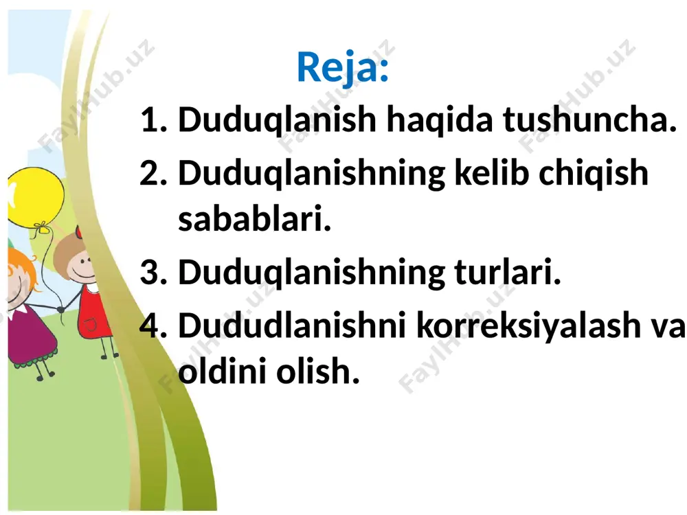ko’p e’tibor bersa, u shunchalik zo’rayib boraveradi. natijada shunday og’ir ahvol paydo bo’ladiki, bemor undan sira qutula olmaydi, kasallik alomati uning e’tiborini chulg’ab oladi, buning oqibatida alomatlar yanada rivrivojlanadi va bemorning e’tiborini o’ziga qaratadi. duduqlanish muammolari bilan shug’ullanuvchi tadqiqotchilar nuqsonga e’tiborni jalb etish tushunchasi borasida turlicha qarashlarni keltiradilar: diqqat e’tiborning alohida xususiyati, nuqsonni idrok etish, u haqida tasavvurga ega bo’lish, unga nisbatan hissiyotli munosabatda bo’lish kabilar. duduqlanish uchta darajaga ajraladi. yengil duduqlanish – kishi asabiylashgan holatida yoki gapirayotganda duduqlanadi. o’rta darajadagi duduqlanish – kishi tinch, odatdagi vaziyatda oson gapiradi, kam duduqlanadi, his-hayajonli damlarda kuchli duduqlanish yuz beradi. o’gir duduqlanish – kishi butun nutqi davomida, doimiy chalg’ituvchi harakatlar qilishi bilan duduqlanadi. duduqlanish davom etishiga ko’ra quyidagi turlarga ajraladi: doimiy to’lqinsimon duduqlanish qaytalanuvchi doimiy – duduqlanish paydo bo’lgach turli nutq shakllari va vaziyatlarida bevosita namoyon bo’ladi. to’lqinsimon duduqlanish- duduqlanish goh kamayadi, goh kuchayadi, lekin butunlay yo’qolmaydi. qaytalanuvchi – duduqlanish yo’qolib, yana paydo …