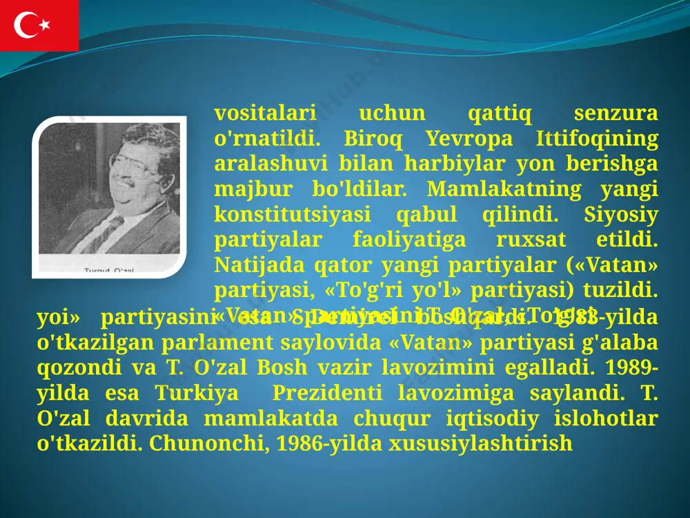 o'zbekiston mustaqilli-gini birinchi bo'lib tan olgan mamlakatdir. 1991-yil dekabrda o'zbekiston prezidenti i. a. karimov turkiyaga rasmiy tashrif bilan bordi. mamlakat prezidenti turgut o'zal, bosh vazir sulaymon demirel va ishbilarmonlar bilan uchrashib, o'zbekiston respublikasi va turkiya jumhuriyati o'rtasidagi aloqalarning asos va maqsadlari to'g'risida shartnoma imzolandi. turkiya - o`zbekiston munosabatlari bu shartnomada mamlakatlarimiz o'rtasidagi ma'naviy, ruhiy yaqinlik ta'kidlandi. iqtisodiy va savdo sohasida hamkorlik, madaniyat, fan, ta'lim, sogiiqni saqlash, sport, turizm va boshqa bitimlar imzolandi. ikki mamlakat o'rtasidagi aloqalarni yangi bosqichga ko'tarishda 1992-yil aprelida turkiya bosh vaziri sulaymon demirelning respublikamizga tashrifi katta rol o'ynadi. turklarning «interner», «0'zturk», «0'zyuksal», «dogu ilag», «yazeks», «bursel» va boshqa firmalari o'zbekistonda keng fapliyat ko'rsatdi. 1993-yil aprelida turkiya prezidenti t. o'zalning o'zbekistonga tashrifi, ayniqsa, samarali bo'ldi. «daromad va mol-mulkka ikki tomonlama soliq solmaslik to'g'risida», «terrorizm, g'ayriqonuniy qurol va giyohvand moddalar tarqatishga qarshi kurash to'g'risida» bitimlar va boshqa hujjatlar imzolandi. 1993-yilda o'zbekistonga 240 mln dollar miqdorida turli tovarlar keltirildi. turkiyaning …