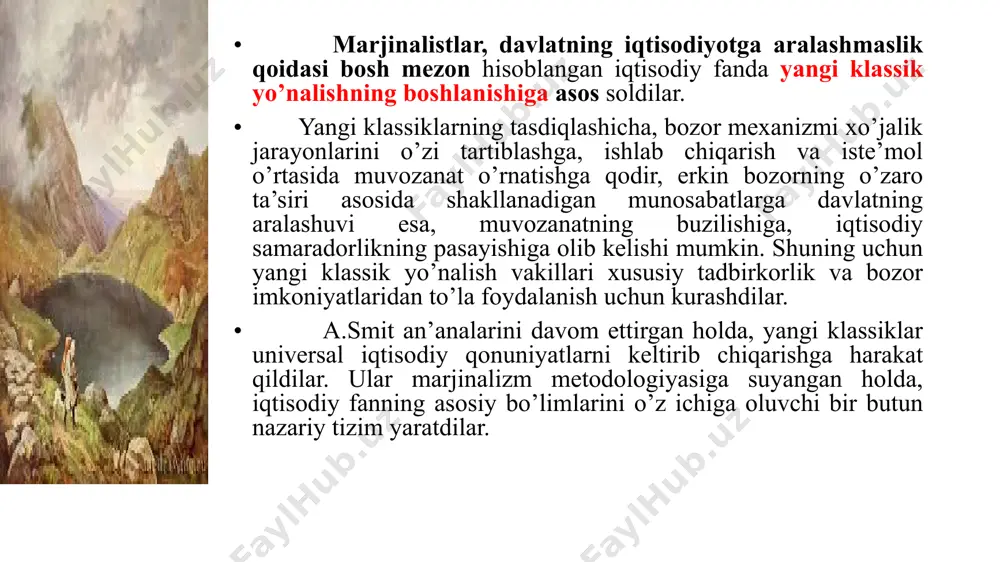 i «marshall inqilobi» to’g’risida ham gap yuritiladi). uning xizmati shundan iboratki, u qiymatning birinchi (asosiy) sababini qidirishni tahlil qilishdan talab va taklifning shakllanish va o’zaro ta’sir ko’rsatish qonuniyatlarini o’rganishni tahlil qilishga o’tishning zarurligini asoslab berdi. boshqacha so’z bilan aytganda, a.marshall qiymat nazariyasini baho nazariyasi (yoki bozor muvozanati nazariyasi)ga turlantirdi. o’z mohiyatiga ko’ra, a.marshall bo’yicha, real qiymat – bu talab va taklif ta’sirida shakllanadigan muvozanat baho. bunda talab ham, taklif ham teng huquqli omil sifatida amal qiladi. a.marshall yo taklifni (klassik nazariya), yoki talabni (me’yorli foydalilik nazariyasi) hal qiluvchi omil sifatida ko’rsatishga bo’lgan urinishlarning har ikkalasi noto’g’ri ekanligini ko’rsatib berdi. shu asosida a.marshall oldingi qiymat nazariyalaridan eng muhim qoida va kontseptsiyalarni olib bir butun tamoyilga birlashtirdi. masalan, sarfli qiymat nazariyasi bozor taklifining shakllanish qonuniyatlarini tushuntirib berish uchun foydalanildi, me’yorli foydalilik nazariyasi esa bozor talabining shakllanish qonuniyatlarini tushuntirib berish uchun ishlatildi. a.marshall tovar qiymati (bahosi)ni aniqlashda me’yorli foydalilik va ishlab chiqarish xarajatlarini …