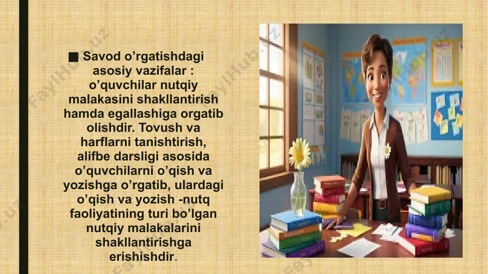 i tinglash orqali xulosalarini kerakli vaziyatlarda qo'llay olish, so'z ustida, so'z birikmasi va gap, bog„lanishli nutq ustida ishlash tavsiya etiladi. qolaversa o'quvchilarga o'zlashtirilgan til vositalari orqali o'z fikrini bayon qilish uchun zarur sharoit yaratish asosida nutqiy faoliyat jarayoni yuzaga keladi va tilni o'zlashtiradi. til esa jamiyatdagi zarur ijtimoiylashish vosita qurolidir. savod o'rgatish davri alifbeni o'rgatishda innovatsion yondashish,mazkur innovatsion yondashuvga shakllantirilgan holda o'quvchilarning ham bu jarayonga obrazli tasavvuridan keng qamrovli foydalanish, ularni ijtimoiy muhitiga mos texnologiyani amaliyotga tadbiq etish tartibi quyidagicha : o'qituvchining alifbe kitobiga shaxsiy innovatsion texnologik yondashuvi ” bu nimaga o'xshaydi? “ innovatsion texnologiyasi. texnologiyaning qo'llanilish tartibi: -harflarni shakliga o'xshaydigan bola muhitidagi rasmlar, narsa -buyumlar, ajoyib anjomlar, maketlar, o'yinchoq shaklidagi asboblarni o'rganish va to'plash, foydalanish; bola ishlatadigan va unga hozirda kerak boladigan qo'llab kelayotgan vositalarni ham harflarga va tovushlarga mos o'xshashqismidan foydalanish uchun tayyorlash; bola tovush va harfni juda qisqa vaqtda tasavvur qilishi o'zlashtirishi uchun harflarning shakllariga va talaffuziga, …