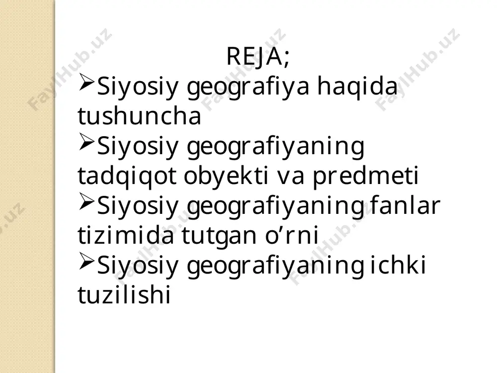 ilar. aksincha, siyosiy geografiyaga g’arbda ko’proq mustaqil fan tarmog’i sifatida qaraldi. jumladan, 1961 yili londonda chop etilgan mashh’ur “umumgeografik terminlar lug’ati” da: - “siyosiy geografiya – bu davlatlarning boshqaruv shakllari, chegaralari va mamuriy bo’linmalari h’aqidagi geografik fandir”, yoki, “siyosiy geografiya – bu ijtimoiy geografiyaning bir bo’limi bo’lib, davlatlarning chegaralari, mamuriy bo’linmalari, h’ududi va resurslarini o’rgatadi” 1970 – 1980 yillarda r. a. gorbatsevich siyosiy geografiyani ilmiy – metodologik jih’atdan yanada yuqoriga ko’tardi. u 1976 yili siyosiy geografiyani “geografik makonda (prostranstvo) jamiyatning siyosiy – h’ududiy tashkil etilishini o’rganuvchi fan” deb atadi. n siyosiy geografiyaning rivojlanishidagi yangi davr o’tgan asrning 80-yillari o’rtalaridan boshlandi. eng yangi ilmiy ishlanmalar orasida v. a. kolosovning “politicheskaya geografiya: problemı i metodı. l. 1988” nomli monografiyasi siyosiy geografiyaning rivojlanishiga katta turtki bo’ldi. unda muallif siyosiy geografiyani h’am geografik, h’am siyosiy fanlar qirrasida tez rivojlanayotgan fan tarmog’i deb atadi. u siyosiy geografiya “o’ziga h’os geografik fan bo’lib, jamiyat siyosiy h’ayotining …