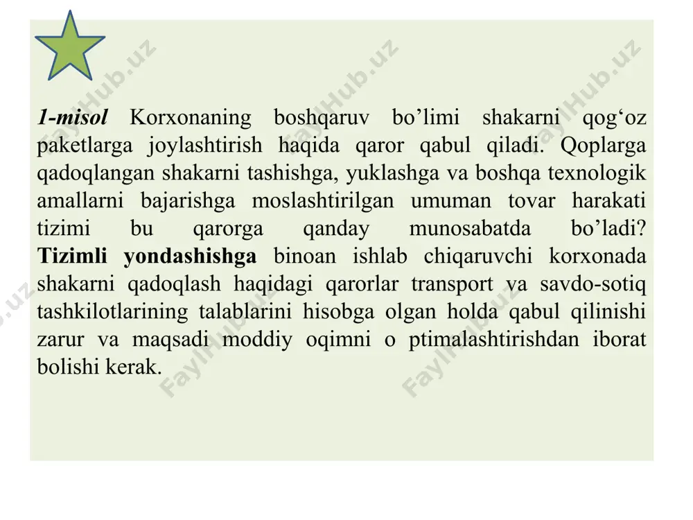 ularga qarshi xatti-harakatlarni ishlab chiqarish bo'yicha ishlarni olib borish talab etiladi. 5. kelib tushishning xavfsizligini ta'minlash tamoyili logistikaning tamoyili sifatida shunday tashkiliy iqtisodiy sharoitlarni yaratishni ko'zda tutadiki, unda korxonaning zarur moddiy resurslar bilan uzluksiz ta'minlanishi va tayyor mahsulotni yetkazib berish muddatlarining so'zsiz bajarilishining ta'minlab berilishi zarur. kelib tushishning xavfsizligini ta'minlash tamoyili tovar harakatining barcha bosqichlarini sinxronlashtirish, kelib tushish va yuk tashishni boshqarish bo'yicha faoliyatlarni bir-biriga moslashtirish, ishlab chiqarish va zaxiralarini tashkil etish zarurligini ko'zda tutadi. 6. kompyuterlashtirish tamoyili logistik funksiyalar va umuman tovar harakati jarayonlarini avtomatlashtirish maksimal darajada bajarilishi lozimligidan iborat. avtomatlashtirilgan tizim materiallar harakatini nazorat qilish va yarimtayyor mahsulotlar, tayyor mahsulotlarning ishlab chiqarilishi, ishlab chiqarish zaxiralarining holati, kelib tushishning hajmi, buyurtmalarning bajarilish darajasi va boshqalar haqida ma'lumot toʻplash uchun xizmat qiladi. vaqtni zijlashtirishning eng katta samarasini va iste'molchilarga yuqori darajada xizmat ko'rsatilish garovini axborot- boshqaruv tizimlari beradi. bu tizimlar xomashyo xarid qilinishidan to tayyor mahsulotning iste'molchiga yetib borgunicha tovar …