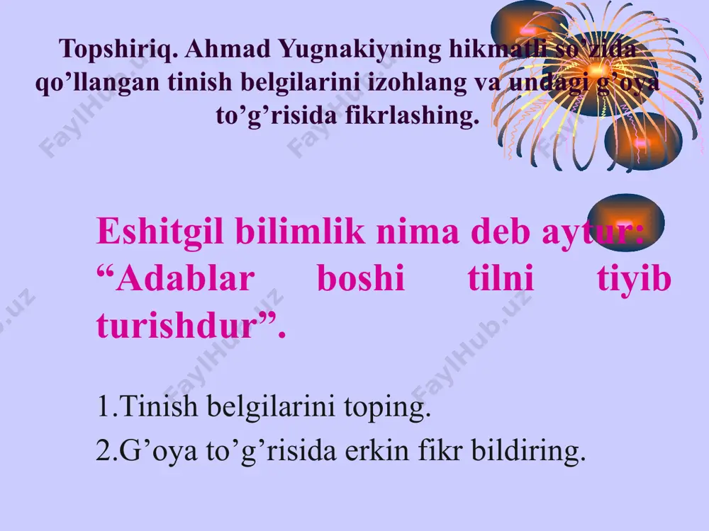 tim, nima qildik vatan uchun? boshing egib, ta’zim ayla, shukrona ayt, seni guldek erkalagan chaman uchun. osmonlarda yurgan bo’lsang, tuproqqa qayt, aytgil, do’stim, nima qildik vatan uchun? (iqbol mirzo) 11 11 e’tiboringiz uchun rahmat. image1.jpeg image2.png image3.png image4.jpeg image5.jpeg