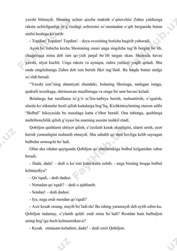 h, ozor berish yomonligini tushunib etmaydi. shu sababli qo`shni hovliga kelib sayragan bulbulni urmoqchi bo`ladi. olim aka ishdan qaytganda qobiljon qo`shnilarnikiga bulbul kelganidan xabar beradi. - dada, dada! – dedi u ko`zini katta-katta ochib, - nega bizning boqqa bulbul kelmaydiya? - qo`rqadi, - dedi dadasi. - nimadan qo`rqadi? – dedi u ajablanib. - sendan! – dedi dadasi. - iya, nega endi mendan qo`rqadi? - axir kesak otsang, mayib bo`ladi-da! bu ishing yaramaydi deb aytib edim-ku. qobiljon indamay, o`ylanib qoldi: endi nima bo`ladi? rostdan ham bulbuljon uning bog’iga hech kelmasmikan-a? - kesak otmasam keladimi, dada? – dedi oxiri qobiljon. - albatta, keladi, - deb ishontirdi dadasi. -bo`pti!-dedi qobiljon va shu paytdan boshlab qushlarga kesak otmaydigan bo`ldi. adibning maktab yoshidagi bolalarga bag`ishlab yozgan juda ko`p hikoyalari kitobxonni ona-yurtni sevishga, mehnatkash bo`lishga, mehnat ahlini, ota-onani e’zozlashga, kasb-hunar egasi bo`lishga chorlaydi. muallif “qishloqdagi jiyanlarim” to`plamidagi “vilijonning dadasi” hikoyasida bolalarning jangchilarga hurmat va muhabbatini tasvirlaydi. …