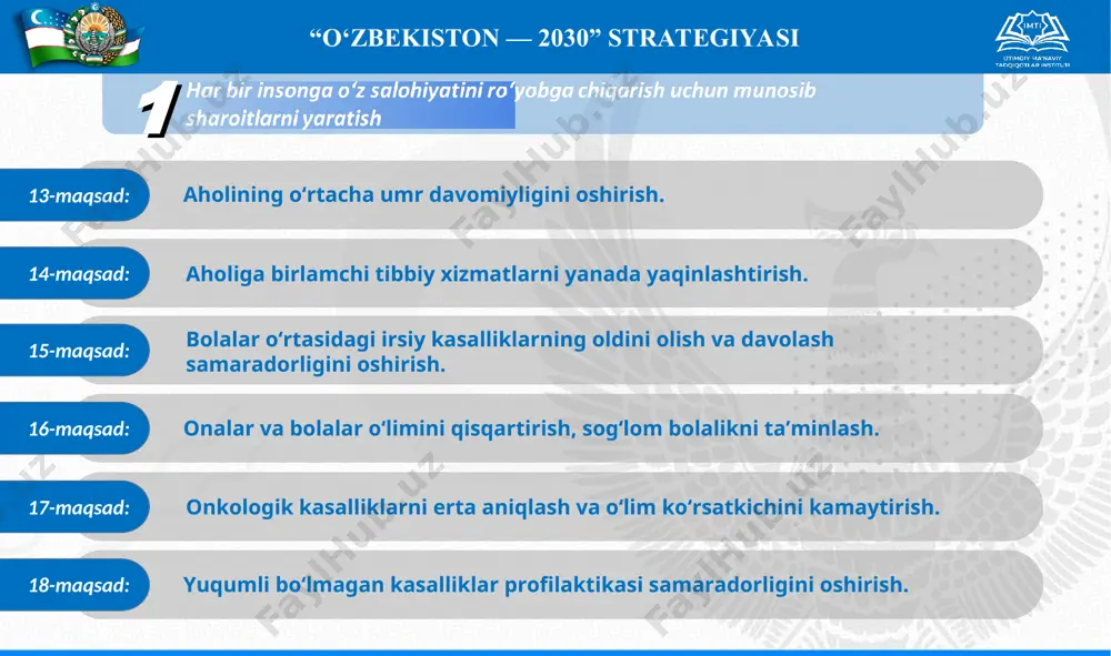 yatni barqarorlashtirishga qaratilgan “yashil makon” umummilliy loyihasini kengaytirish. * “o‘zbekiston — 2030” strategiyasi 3 68-maqsad: o‘rmonlar maydonini kengaytirish. 69-maqsad: orolbo‘yi mintaqasida ekologik vaziyatni barqarorlashtirish, orol dengizi qurishi natijasida yuzaga kelgan ekologik muammolarning salbiy ta’sirini yumshatish. 70-maqsad: iqlim o‘zgarishi salbiy ta’sirining oldini olish. 71-maqsad: biologik xilma-xillik ishonchli saqlanishini ta’minlash. 72-maqsad: qattiq maishiy chiqindilarni to‘plash va olib chiqish xizmatlari sifatini yaxshilash. 73-maqsad: atmosfera havosi ifloslanishining oldini olish, uning tabiiy tarkibini saqlash bo‘yicha keskin choralar ko‘rish. * “o‘zbekiston — 2030” strategiyasi 4 74-maqsad: aholi farovonligini ta’minlash va hududlarda kundalik masalalarni hal etishda mahallani jamoatchilik hamda davlat organlari o‘rtasidagi “tayanch ko‘prik”ka aylantirish. 75-maqsad: mahalliy davlat hokimiyati vakillik organlarini xalqning chinakam “ovoziga” aylantirish. 76-maqsad: mahalliy davlat hokimiyati ijro organlari faoliyatini transformatsiya qilib, hududiy boshqaruvni “aholi manfaatlariga xizmat qilish” tamoyili asosida yo‘lga qo‘yish. 77-maqsad: davlat xizmatlarini raqamlashtirishning ko‘lamini kengaytirish orqali aholi uchun “servis davlat” tizimini joriy qilish, fuqaro va davlat o‘rtasidagi munosabatlarda byurokratik tartibotlarga barham berish. …