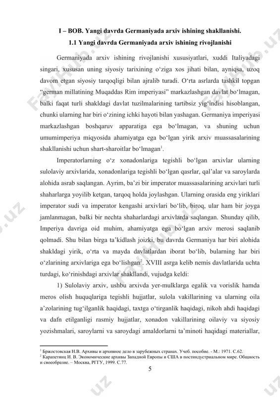 rxivlari turli shaharlarga yoyilib ketgan, tarqoq holda joylashgan. ularning orasida eng yiriklari imperator sudi va imperator kengashi arxivlari bо‘lib, biroq, ular ham bir joyga jamlanmagan, balki bir nechta shaharlardagi arxivlarda saqlangan. shunday qilib, imperiya davriga oid muhim, ahamiyatga ega bо‘lgan arxiv merosi saqlanib qolmadi. shu bilan birga ta’kidlash joizki, bu davrda germaniya har biri alohida shakldagi yirik, о‘rta va mayda davlatlardan iborat bо‘lib, bularning har biri о‘zlarining arxivlariga ega bо‘lishgan[footnoteref:4]. xviii asrga kelib nemis davlatlarida uchta turdagi, kо‘rinishdagi arxivlar shakllandi, vujudga keldi: [3: бржостовская н.в. архивы и архивное дело в зарубежных странах. учеб. пособие. - м.: 1971. c.62.] [4: карапетянц и. в. экономические архивы западной европы и сша в постиндустриальном мире. общность и своеобразие. – москва, рггу, 1999. c.77.] 1) sulolaviy arxiv, ushbu arxivda yer-mulklarga egalik va vorislik hamda meros olish huquqlariga tegishli hujjatlar, sulola vakillarining va ularning oila a’zolarining tug‘ilganlik haqidagi, taxtga о‘tirganlik haqidagi, nikoh ahdi haqidagi va dafn …