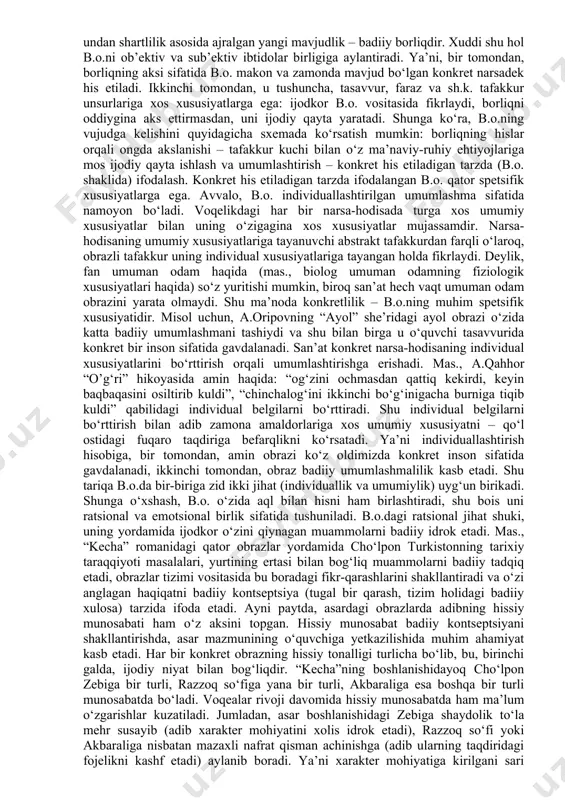 o – birlashtirmoq, qo‘shmoq) – narsa-hodisa va tushunchalar orasidagi ilg‘ab olinishi qiyin bo‘lgan aloqalarga asoslangan, ularni kutilmagan tarzda biriktirish (qiyoslash, chog‘ishtirish, qarshilantirish) orqali voqe bo‘luvchi va shu tufayli yuksak darajadagi metaforiklik, sub’ektivlik kasb etuvchi obraz. aslida, assotsiativlik har qanday obraz tabiatiga xos xususiyatdir. ya’ni a.o. badiiy obrazning alohida bir turi emas, bu termin ostida umuman badiiy obrazga xos assotsiativlikni kuchli namoyon etuvchi obraz tushuniladi. demak, terminning qo‘llanishida muayyan shartlilik mavjud. a.o. o‘quvchidan ijodiy faollikni, narsa-hodisalar orasidagi muallif tayangan aloqalarni, aloqalar zanjirini ilg‘ay olishni taqozo etadi. mas., z.ro‘zievaning quyidagi misralarini olaylik: sezarmisiz, men bir gul, maysa, shabnamimda kulgan quyosh bor... ma’lumki, she’r ichidagi so‘z, bir tomondan, boshqa so‘zlar bilan mustahkam aloqada – u boshqa so‘zga yo tenglanadi, yo zidlanadi, yo tobelanadi; ikkinchi tomondan, so‘z ortida olam, u anglatayotgan narsa-hodisa va tushunchalar ham borki, ular ham bir-biri bilan aloqador. ya’ni ma’no so‘z so‘zga urishtirilganda voqe bo‘ladi. zero, so‘zning so‘zga urilishi – bamisoli …