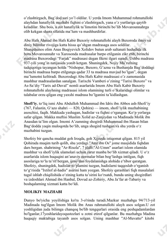 rik musulmon universitetlarida toʻrtala mazhab boʻyicha alohida dars beriladi. mazhablar umuman anʼanaviy diniy huquq doirasidan chiqmagani xolda, shariat masalalarida yengilroq yoki qattiqroq hukm chiqarishlari bilan bir-biridan farq qiladi. hozir islom mamlakatlarida xanafiylik (turkiya, pokiston, hindiston va boshqa mamlakatlar), molikiylik (tunis, jazoir, marokash, liviya), shofiʼiylik (misr, indoneziya va boshqa mamlakatlar), hanbaliylik (saudiya arabistoni) mazhablari, shuningdek, shialik tarqalgan mamlakatlar (eron, iroq, yaman va boshqa mamlakatlar)ning huquqiy hayotida jaʼfariylik mazhabi oʻz mavqeini maʼlum darajada saqlab kelmoqda. oʻrta osiyoda, xususan, oʻzbekistonda xanafiylik mazhabi keng yoyilgan. mazhab-(arabcha: مذهب maḏhab) shariat doirasidagi huquq maktablari, yaʼni islom qonunlari sistemalari (aynan: „yoʻl“ yoki „harakat tarzi“, termin maʼnosida — „diniy-huquqiy taʼlimot“, „tariqat“ yoki „maktab“) mazhablar deb ataladi. mazhablar shariat qonunlarini ishlab chiqish jarayonida huquq maktablari yoki tariqatlar sifatida yuzaga kelgan, ularga mashhur huquqshunoslar, ularning shogirdlari va izdoshlari asos solganlar. musulmon kishi mazhabda to’rtta mazhabdan birida bo'lishi joiz va shu blan brga mazhablardagi dalillarni yaxshi tushunishi orqali mazhablardagi dalillarning kuchlisiga …