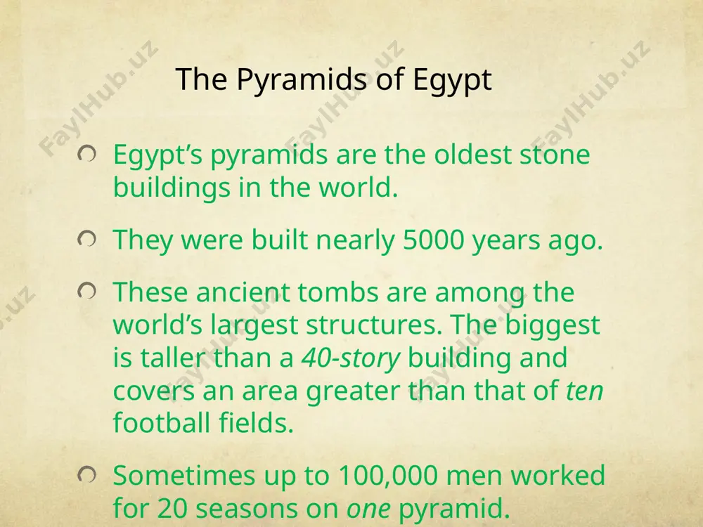 hotep is credited with the invention of the step pyramid. he built it for king zoser so that he could climb the stairs to reach the gods when he died. it served two purposes: it was a royal tomb and a temple for worshipping the spirit of the dead king. building a pyramid the great pyramid of giza was built for pharaoah khufu. it was originally 480 feet high and its base covers approximately 13 acres. the pyramid contained over two million blocks of limestone. to complete the great pyramid of giza, one huge stone block must have been quarried, shaped, and smoothed every 2 minutes for 23 years! two kinds of rocks were used – limestone and granite. building plans showing how the pyramids were built have never been found. however, experts use present knowledge about construction to make intelligent guesses. building a pyramid was difficult and dangerous. it …
