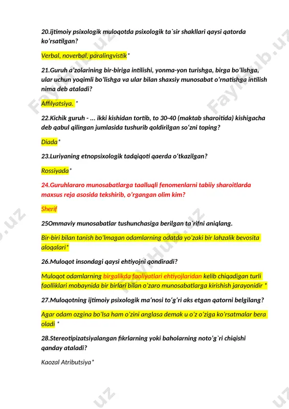 doshlar bir-birlari bilan qiziqarli (mantiqiy, emotsional, xulq-atvorga tegishli) ma’lumotlar almashinadilar. muloqotning qaysi darajasi haqida gap ketyapti? noverbal kommunikatsiya 31.o‘zaro munosabatga kirishayotgan sub’ektlar o‘zlarining eng nozik va chuqur munosabatlarini aks ettiradilar. muloqotning qaysi darajasi haqida gap ketyapti? noverbal muloqot* 32.odamlarning shaxsiy munosabatlariga tayanib, mazmuni suhbatdoshlarning fikr-o‘ylari, niyat-maqsadlari va emotsional munosabatlari bilan belgilanuvchi muloqot turi qanday ataladi? verbal muloqot * 33.suhbatdoshlarning o‘zaro bir-birlarini ko‘rib, yuzma-yuz qilgan muloqoti qanday ataladi? verbal muloqot(bevosita muloqot)* 34.“agar odam ozgina bo‘lsa ham o‘zini anglasa, demak u o‘z–o‘ziga ko‘rsatmalar bera oladi” – deb yozgan olimning nomi nima? t.shibutani * 35.“agar barcha katta avlod o‘lib ketganda, insoniyat turi yo‘q bo‘lib ketmasdi, lekin jamiyatning taraqqiyoti ancha orqaga surilibgina emas, balki yo‘qolib ham ketishi mumkin edi” – deb yozgan olimning nomi nima? a.n.leontev* 36.“psixika taraqqiyotidan ocherklar” kitobining muallifini toping. leontev * 37.kommunikativ jarayonning asosiy vositasi nima? axborotlarni almashish jarayoni muloqot* 38.kommunikativ jarayon 2 kishining bo‘lishini taqazo etiladi. ular kimlar? empatiya va …
