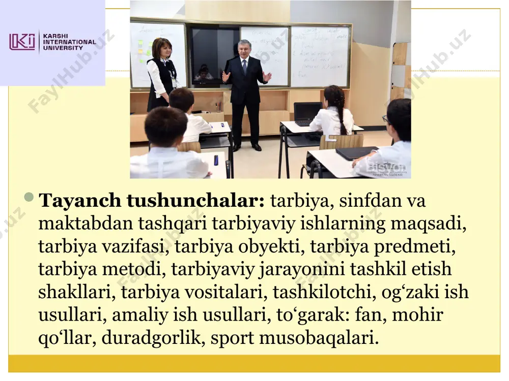 jarayonini pedagogik jihatdan maqsadga muvofiq tashkil etish yo‘llaridir. boshlang‘ich sinflarda sinfdan tashqari ishlar fanining vositalari hashar o‘yin marosim ona tili va o’qish savodxonligida sinfdan tashqari ishlar fanining boshqa fanlar bilan aloqadorligi gigiyena etika pedagogika psixologiya boshlang`ich sinflarda “kimning xati chiroyli?”, “matnni kim tez va to`g`ri o`qiydi?”, “ifodali o`qish“ ,“eng yaxshi insho”, “eng yaxshi ertak aytuvchi“ kabi tanlovlar o`tkazilsa bo`ladi. ona tilidan sinfdan tashqari ishlarning vaqti-vaqti bilan o`tkaziladigan turiga uchrashuvlar, “o`tkir zehnlilar musobaqasi“, “mushoira kechasi“, “so`z mulkiga sayohat“,“so`rang, javob beramiz“, ko`rik-tanlovlar, olimpiadalar, konferensiyalar, haftaliklar, ertalik, bellashuvlar kiradi“yosh shoirlar mushoirasi“. “yosh shoirlar mushoirasi“ yoki biror shoir ijodiga bag`ishlangan mushoira mavzusi ham 1-1,5 oy oldin e`lon qilinadi. bellashadigan guruhlar o`zlariga sardor belgilaydilar. har qanday tarbiyaviy ishlarni amalga oshirishda o‘quvchilarning gigiyenik qoidalariga asosan tashkil etishda yaratilgan shart-sharoitlar muhim rol o‘ynaydi. ma’ruza mashg‘uloti: 8 soat amaliy mashg‘ulot: 8 soat adabiyotlar ro‘yxati: 1.n.b.adizova, g.e.saidova. boshlang‘ich ta’limda tarbiya – o‘quv-metodik majmua. buxoro-2022 2.s.n. djurayeva, n.s. turdiyeva, a.i. …