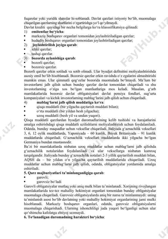 ilgan zayomlarni qaytarish uchun davlatning yangi zayomlarini joylashtirilishiga davlat qarzlarini qayta moliyalashtirish deyiladi. davlatning qarz olishi natijasida soliq og‘irligining kuchayishi ularning muddatiga va qarz oluvchi tomonidan to‘lanadigan kreditlarning foizlari darajasiga bog‘liq. investor uchun davlat qarzining daromadlilik darajasi qancha yuqori bo‘lsa, davlat shunchalik katta soliqlar qismini ularni qaytarish uchun yo‘naltirishga majbur. davlat qarzining o‘lchami qanchalik katta bo‘lsa, boshqa sharoitlar teng bo‘lgan taqdirda, ularga xizmat qilish uchun yo‘naltirilayotgan mablag‘larning salmog‘i shuncha yuqori bo‘ladi. davlat o‘z krediti orqali kredit munosabatlariga kirisha turib, ixtiyoriy yoki ixtiyorsiz ravishda pul muomalasining holatiga, pullar va kapitallar bozoridagi foiz stavkalarining darajasiga, ishlab chiqarishga va aholi bandliligiga ta’sir ko‘rsatadi. iqtisodiyotni tartibga solish vositasi sifatida davlat kreditidan ongli ravishda foydalanib, u yoki bu moliyaviy siyosatni amalga oshirishi mumkin. davlat qarzlarni investorlarning turli guruhlari o‘rtasida joylashtirib, pul muomalasini tartibga soladi; jismoniy shaxslarning mablag‘larini jalb qilib, ularning to‘lovga qobiliyatli talabini kamaytiradi. davlat krediti hisobidan ishlab chiqarish harajatlari, masalan, investitsiyalar moliyalashtirilsa, muomaladagi naqd …