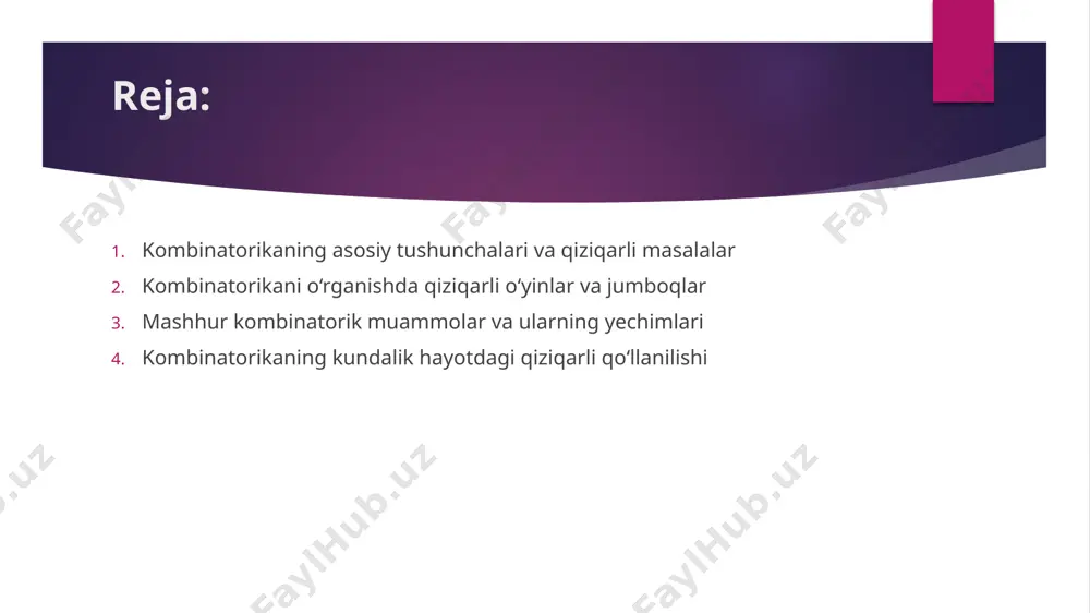 uammolar va ularning yechimlari kombinatorika tarixida bir qancha mashhur muammolar mavjud. masalan, “xona bo‘shlig‘ida necha xil usulda odamlar o‘tirishi mumkin?” yoki “rangli sharlarni qanday tartibda joylashtirish mumkin?” kabi masalalar keng tarqalgan. yana biri “graf nazariyasi” bilan bog‘liq masalalar bo‘lib, unda to‘plamdagi elementlar o‘rtasidagi bog‘lanishlar va ularning kombinatsiyalari o‘rganiladi. eulerning “ko‘priklar muammosi” esa mashhur kombinatorik topishmoqlardan biridir. bu muammolar nafaqat matematikani chuqurroq o‘rganishga, balki kundalik hayotdagi murakkab vaziyatlarni model qilishga yordam beradi. 4. kombinatorikaning kundalik hayotdagi qiziqarli qo‘llanilishi kombinatorika fani kundalik hayotda ko‘p jihatdan qo‘llaniladi. misol uchun, odamlar guruhini tashkil qilish, ishlarni tartibga solish, kod yozish va parollar yaratishda kombinatorik usullar muhimdir. shuningdek, sport musobaqalari jadvali tuzishda, reklama kampaniyalarini rejalashtirishda va hatto biologiyada genetik kombinatsiyalarni tahlil qilishda kombinatorika ishlatiladi. bu fan kundalik muammolarni yechishda yaratuvchanlik va mantiqiy fikrlashni rivojlantiradi hamda hayotimizni yanada qulay va samarali qiladi. xulosa qiziqarli kombinatorika nafaqat matematikani chuqur o‘rganish, balki mantiqiy fikrlashni rivojlantirish va turli muammolarni samarali …