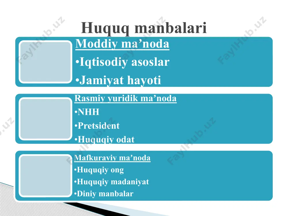 asida ular uchun umumiy ahami­yatga ega bo‘lgan hamda o‘zaro huquq va majburiyatlarni qabul qilish yo‘li bilan ular o‘rtasidagi munosabatlarni tartibga solishga daʼvat etilgan ochiq ifodalangan kelishuvidir. o‘zbekiston respublikasining xalqaro shartnomasi — bitta hujjatdan, ikkita yoki bir-biri bilan bog‘liq bo‘lgan bir nechta hujjatdan iborat bo‘lishidan, shuningdek o‘zining muayyan nomidan va tuzilish usulidan (shartnoma, bitim, konvensiya, akt, pakt, bayonnoma, xatlar yoki notalar almashinuvi hamda xalqaro shartnomaning boshqacha nomlari va tuzilish usullaridan) qatʼi nazar, o‘zbekiston respublikasi tomonidan chet davlat, xalqaro tashkilot yoxud xalqaro shartnomalar tuzish huquqiga ega bo‘lgan boshqa subyekt bilan yozma shaklda tuzilgan, xalqaro huquq bilan tartibga solinadigan xalqaro kelishuv; musulmon huquqining manbalari ikki turga bo‘linadi asosiy qur’on va sunnat yordamchi ijmo' (ittifoq) qiyos (analogiya) istehson maslaha (jamoat manfaatini ko‘zlash) urf (odat) istishob (avvalgi holatni saqlash) shar'u man qoblana (ilgari kelgan shariatlar) fatvo va ijtihod musulmon huquqining manbalari: qurʼoni karim – musulmonlarning muqaddas kitobi, musulmon huquqi uchun rahbariy qoidalar to‘plami •sunna – …