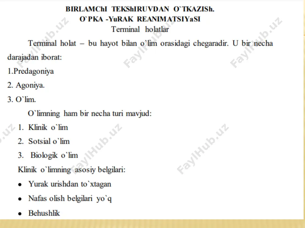 rinchi yordam haqida qisqacha ma’lumot: agar qon ketishi og’ir bo’lsa, jarohat olgan odamni yotqizib, oyoqlarini ko’tarish kerak. qonni vaqtincha to’xtatish uchun shikastlangan tomirni qisish yoki qo’l-oyoqni kuchli bukish yoki jgut qo’yish mumkin. darhol shoshilinch yordamni chaqirish. jarohatga tegish, yuvish, undan yot jismlarni olib tashlash mumkin emas. agar jarohat yuzasi ifloslangan bo’lsa, uning chetlari jarohatdan tashqariga yo’nalishda tozalanishi kerak; jarohat atrofiga yod, xlorgeksidin, vodorod peroksidi kabi antiseptik surtilishi darkor; yod jarohatga tushmasligi kerak. qon ketishining asosiy turlari manbaiga qarab, quyidagi asosiy qon ketishi turlari ajratiladi: arteriyalardan qon ketishi katta xavfga ega, chunki ko’p miqdorda qon yo’qotish tezda sodir bo’ladi. bunda qon qizg’ish rangda va pulsatsiya qiluvchi favvora shaklida chiqadi. venalardan qon ketishda jabrlanuvchiga o’z vaqtida yordam berilmasa, bu ham xavflidir. jabrlanuvchining shikastlangan tomiridan asta-sekin to’q qizil rangli qon chiqishi buning dalilidir. kapillyar qon ketish ko’pincha jiddiy xavfga ega emas, asosan kichik teri yuzaki jarohatlarida uchraydi. ichki (parenximatoz) qon ketish — bunda …