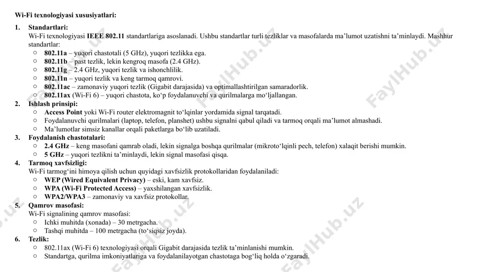 va manzil ma’lumotlari (mac, ip) mavjud. signal tarqalishi: router yoki access point ushbu paketlarni 2.4 ghz yoki 5 ghz chastota oralig‘ida signal shaklida tarqatadi. signalni qabul qilish: qurilma (telefon yoki kompyuter) o‘zining wi-fi adapteri yordamida ushbu signalni qabul qiladi. qabul qilingan signalni dekodlash orqali ma’lumot olinadi. 3. ulanish jarayoni (authentication and association): wi-fi tarmog‘iga qurilmaning ulanish jarayoni uch asosiy qadamni o‘z ichiga oladi: scan (tarmoqni qidirish): qurilma atrofdagi wi-fi tarmoqlarini qidiradi va access point-lar ro‘yxatini shakllantiradi. authentication (autentifikatsiya): tarmoq xavfsizlik sozlamalariga qarab qurilmadan parol yoki xavfsizlik kaliti kiritilishi talab qilinadi. autentifikatsiya to‘g‘ri amalga oshirilsa, qurilma tarmoqga ulanishi davom ettiriladi. association (biriktirish): qurilma access point bilan o‘zini bog‘laydi va ma’lumot almashinuvi boshlanadi. 4. ma’lumot almashinuvi jarayoni: wi-fi tarmog‘ida ma’lumot uzatish va qabul qilish quyidagi qoidalarga amal qiladi: 1. osi modeli bo‘yicha ishlash: wi-fi texnologiyasi osi modelining physical (fizik) va data link (ma’lumot bog‘lanishi) qatlamlarida ishlaydi. ma’lumotning signalga aylanishi va tarmoqqa uzatilishi …