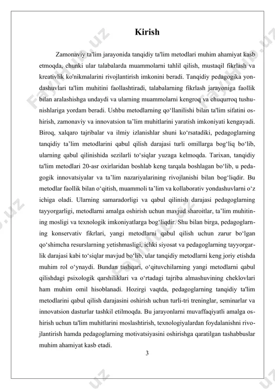 ilim oladi, balki ular bilan fikr almashish, muammolarga turli nuqtai nazardan yondashish va yangi g'oyalarni ishlab chiqish imkoniyatiga ega bo'ladilar. shu bilan birga, tanqidiy fikrlashni rivojlantirish, yoshlar orasida ijodiylik va innovatsion fikrlashni qo'llab-quvvatlash uchun muhim omil hisoblanadi. tanqidiy ta'lim metodlarining tushunchasi turli pedagogik modellar va yondashuvlar bilan ifodalanadi. masalan, faoliyatga asoslangan o'qitish, muammoli ta'lim, kollaborativ o'qitish va kritikal fikrlashni rivojlantirishga qaratilgan yondashuvlar keng tarqalgan. bu metodlar orqali talabalar nafaqat an'anaviy bilimlarni egallashadi, balki ularni amalda qo'llash, muammolarni tahlil qilish va muqobil fikr yuritish ko'nikmalarini ham rivojlantiradilar. bu yondashuvlar, shuningdek, pedagoglarning roli faollashib, ular o'quvchilarga mustaqil fikrlash uchun imkoniyatlar yaratishda muhim o'rin tutadi. tanqidiy ta'lim metodlarini qabul qilish jarayonida pedagoglar duch keladigan asosiy to'siqlardan biri – konservativ fikrlash va eski usullarga bog'liqlikdir. bir tarafdan, yangi metodlarni o'zlashtirish uchun zarur bo'lgan resurslar va texnologiyalar yetishmasligi, ikkinchi tarafdan esa pedagoglarning yangi yondashuvlarga qarshi psixologik qarshiligi mavjud. boshqa muhim muammo – o'qituvchilarning tayyorgarlik darajasining …