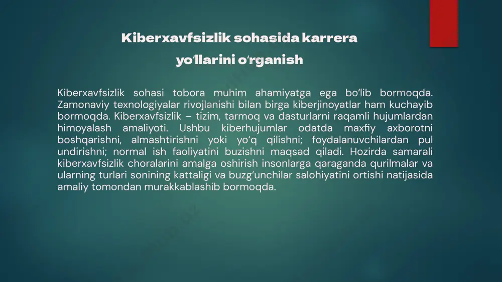 sizlik menejeri yoki xavfsizlik arxitekturi kabi lavozimlarda ishlash. 3 yuqori daraja xavfsizlik direktoriga yoki kiberxavfsizlik boʻyicha boshqaruvchi kabi lavozimlarda ishlash. 6 kiberxavfsizlik sohasida malaka oshirish imkoniyatlari sertifikatlar kiberxavfsizlik sohasida turli sertifikatlarni olish mumkin. kurslar turli tashkilotlar kiberxavfsizlik boʻyicha onlayn va oflayn kurslar taklif qiladi. konferentsiyalar kiberxavfsizlik sohasidagi konferentsiyalarda ishtirok etish. 7 kiberxavfsizlik mutaxassisligiga qanday tayyorlanish mumkin? dasturlash tillarini oʻrganish python, java kabi tillar kiberxavfsizlikda foydalaniladi. tarmoqlar haqida bilimlar olish tarmoqlarni tushunish kiberxavfsizlikda muhim. kiberxavfsizlik boʻyicha adabiyotlarni oʻqish turli xil manbalar va kitoblar mavjud. amalda mashq qilish oʻz bilimlarini amalda sinab koʻrish. 8 kiberxavfsizlik mutaxassislari uchun ish bozori soha talab moliyaviy xizmatlar yuqori sogʻliqni saqlash oʻrtacha taʼlim past 9 xulosa kiberxavfsizlik sohasida karrera qurish uchun texnik bilimlarni olish va malaka oshirish juda muhim. kiberxavfsizlik boʻyicha sertifikatlar olish va sohada ishlash tajribasi orttirish kerak. kiberxavfsizlik sohasida muvaffaqiyatli karera yo'llarini tanlash uchun nafaqat texnik bilimlar kerak, balki biznes jarayonlarini tushunish, doimiy o'rganish va …