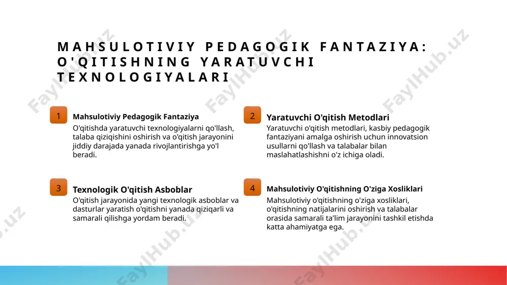 iyalash uchun quvvatli vositalardir. bu vositalar o'quvchilarning ilg'or ta'lim olishi va qiziqishlarini oshirishda yordam beradi. tizimli o'qitishni ta'minlashda yangi innovatsion usullar 1 tizimli o'qitishni ta'minlash yangi innovatsion usullar, o'qitishni tizimlashda muhim ahamiyatga ega. yangiliklar bilan ta'minlangan tizimlar o'quv jarayonini yanada samarali qilishga yordam beradi. 2 interaktiv darsliklar interaktiv darsliklar tizimli o'qitishda katta rolni o'ynaydi. talabalar bilim olish jarayonida o'zlarini isbotlash va bilimlarini amaliyotga o'tkazish imkoniyatiga ega bo'ladi. 3 online o'qitish onlayn o'qitish yangi innovatsion usullarning biri hisoblanadi. bu usul o'quvchilarga masofaviy ta'lim imkoniyatini beradi va ularni o'z vaqtlarida va sharoitlarida o'qishga imkon beradi. 4 o'quv yordamchi dasturlar o'quv yordamchi dasturlar tizimli o'qitishda muhim vosita hisoblanadi. bu dasturlar o'quvchilarga biron bir mavzuni o'rganishda yordam beradi va ularning tushunish darajasini oshiradi. talabalarni qiziqtirish uchun innovatsion usullar talabalarni qiziqtirish uchun innovatsion usullar faol o‘quv texnologiyalari, interaktiv darsliklar va onlayn platformalar orqali ta’lim jarayonini qiziqarli qilishda yordam beradi. o‘quvchilarni ilg‘or usullar bilan jalb etish …