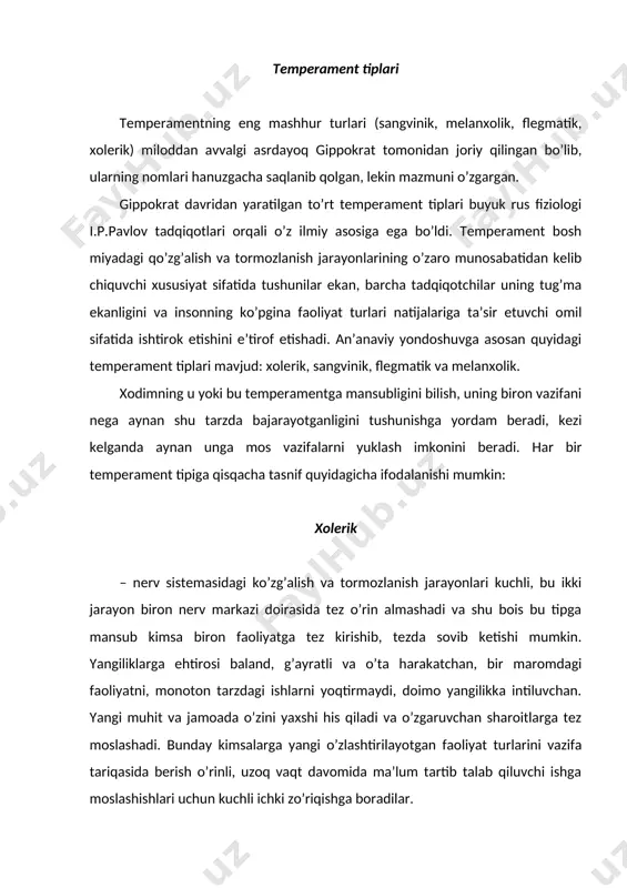 , o’rganib qolgan sharoitida yaxshi faoliyat yuritadi va o’zgaruvchan muhitga moslashishi qiyin, shovqinni yoqtirmaydi, bir joyda o’tirib bajariladigan ishni ma’qul ko’radi. yangi odamlar bilan muloqotga kirishishi qiyin, lekin o’rnatilgan, aloqalarni saqlashga intiladi. saranjom sarishtali, tartibni yoqtiradi, intizomli, boshlagan ishini oxiriga yetkazishga harakat qiladi, tashkilotdagi an’analarga sodiq. quyidagi yarim hazil o’xshatish qarama-qarshi temperament tiplari tavsifini tushunishni yengillashtiradi: “… odatda urushni xolerik va sangviniklar olib boradilar, flegmatiklar esa vayronalarni tiklaydilar”. melanxolik – nozik didli, hissiyotga o’ta berilgan, uch ichki dunyosiga va kechinmalariga e’tiborli. bunday kimsalar orasida san’atga qobiliyatlilar ko’p uchraydi. ulardan ajoyib rassomlar, yozuvchi va shoirlar yetishib chiqadi. murakkab va nizoli vaziyatlarda harakati sust, tezkor vazifalarni hal etishda asabiylashadi va tez toliqadi. yuqorida sanab o’tilgan temeperamnt tiplari tug’ma bo’lib, ularni o’zgartirib bo’lmaydi. lekin, inson o’z-o’zini tarbiyalashi davomida biron temperamentga xos xislatlarni o’zida shakllantirishi mumkin. tabiatda sof temperament tipini uchratish qiyin va odatda, har qanday kimsada biron yetakchi temperament tipiga qo’shimcha ravishda turli …