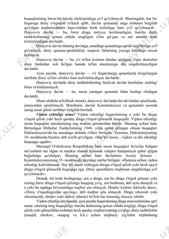 ishi o’ziga xosdir. bu tarixiy jarayonning mazmunini dinning qadimgi shakllari va elementlari totemizm, fetishizm, animizm, shamanizm, ko’ktangrichilik, otashparastlik, buddaviylik, xristianlik va islomdan tashkil topgan dinlarning tarixi tashkil qiladi. markaziy osiyo xalqlari tarixida ibtidoiy dinlar parallel ravishda jahon dinlari esa oldinma-ketin o’rin olgan. ayni shu xolat markaziy osiyo xalqlari dinlarining rivojlanib borishining o’ziga xos jihatidir. qadimgi qabilalar va xalqlarning dini haqida gapirilganda bular yalpisiga buddaviy, otashparast, zardusht deb gapirilishi haqiqatga to’g’ri kelmaydi. ayniqsa qadimgi davrda samarqand, buxoro shaharlarida islomgacha bir necha xil, jumladan, otashparast, zardusht, buddaviylik va nasroniyning cherkov va ibodanxonalari yonmayon turgani ma’lum. xatto bir xalqning bir qismi u dinga, ikkinchi qismi esa boshqa dinga topingan bo’lishi mumkin. massagetlarning zardushtiy dinida deb ham, otashparast, quyoshga sig’inib ot so’yadilar, deb ham yozilganini ko’rib hayron bo’lmaslik kerak. chunki ajdodlarimizdan biri bo’lgan bu xalq (ayniqsa hayotning ko’chmanchiligi davrida) sir, amu, kaspiy bo’ylaridan tortib hindiston, pomir tog’larida ham yashagani aytiladi. ularning bir yerdagisi zardusht, …