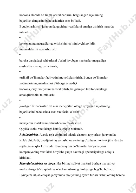 maliyotda byudjetlashtirish korxona tarkibiy bo„linmalari bilan cheklanib qolmoqda. bo„linmalar xarajatlari miqdori uchun javobgarlik korxona tarkibiy bo„limlari rahbarlari zimmasiga yuklatilgan bo„ladi. bizningcha bu yondashuv moliyaviy-xo„jalik faoliyatini boshqarish vositasi sifatida byudjetlashtirish samaradorligini pasaytiradi, xarajatlar qiymatini pasaytirishdan manfaatdor korxona menejerlar doirasini chegaralaydi hamda xarajatlarni kamaytirishda korxonaning barcha 2 jablanstefanović, r. (2009), „тraditional methods for allocating costs to cost drivers“,12.world congress of accounting historians (wcah), congress proceedings vol. ii, istanbul, pp 1193-1210. 3 аткинсон э.а., банкер р.д., каплан р.с. управленческий учет/пер.с англ. а.д. рахубовского. – м.: вильямс, 2005. 4 paul a. sharman and kurt vikas, “lessons from german cost accounting,” strategic finance, december 2008,pp. 28-35.xodimlarini rag„batlantirish tizimini ishlab chiqish imkonini bermaydi. boshqa tomondan, korxona tarkibiy bo„linmalari darajasida xarajatlar markazini mustahkamlash, xarajatlar markazi bo„yicha mahsulot ishlab chiqarishda resurslarga qilinadigan xarajatlar normasini tayyorlash imkonini bermaydi. xarajatlar markazi bo„yicha xarajatlarni rejalashtirish va hisobini tashkil qilishning o„ziga xos xususiyati shundaki, bu joyda xarajatlar uning uchun to„g„ri xarajatlar bo„lib …