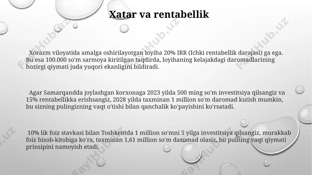 iz 10 yildan keyin 100.000 evro olishni rejalashtirsangiz, va yillik inflyatsiya 3% bo'lsa, bugungi kunda shu pulning qiymati ancha kam bo'ladi, bu esa moliyaviy rejalashtirishda aniq hisob-kitoblarni talab qiladi. kelajakdagi 1000 aqsh dollari miqdoridagi pulning bugungi qiymati, 5% lik diskont stavkasida va 5 yillik muddatda, taxminan 784 dollarni tashkil qiladi, bu esa pulning vaqt qiymati prinsipini yaqqol namoyon qiladi. toshkentda joylashgan kompaniya 2025 yilda 5 million so'm olishni kutmoqda. agar diskont stavkasini 10% deb olsak, ushbu pulning 2023 yildagi qiymati ancha past bo'ladi, bu esa investorlar uchun muhim hisoblanadi. diskontlash ўзбекистондаги банк муассасалари дисконтлаш ставкасини белгилашда ҳукуматнинг пул-кредит сиёсатини ва 5% дан 15% гача бўлган миллий иқтисодий кўрсаткичларни инобатга олади. дисконтлаш ёрдамида тошкент шаҳридаги бир корхона 1 йилдан кейин оладиган 50000 сўмлик даромаднинг ҳозирги қийматини ҳисоблаб, инвестиция лойиҳасининг самарадорлигини баҳолайди. дисконтлаш жараёнида фоиз ставкаси 10% бўлганда, 1000 ақш доллари миқдоридаги келажакдаги тўловнинг ҳозирги қиймати 909 ақш долларини ташкил этади, бу …