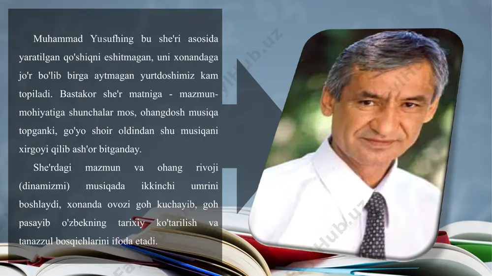 axr etadi. mehr qolur o'tar qancha yillar to'zoni, yulduzlar - ko'zyoshi samoni. o'tar inson yaxshi-yomoni, mehr qolur, muhabbat qolur. qorachig'da porlagan o'sha, iqboliga chorlagan o'sha. dunyoni tor aylagan o'sha -mehr qolur, muhabbat qolur. anor, sening yuzlaring suluv, xumor, sening ko'zlaring suluv, yodda qolmas so'zlaring suluv, mehr qolur, muhabbat qolur. oqib ketdi suvlarda tohir, zuhro yig'lab qoldi qon bag'ir. kelganda ham qiyomat oxir, mehr qolur, muhabbat qolur... nima deysan, ey, g'ayur inson? g'iybatlaring qildi meni qon. sen ham bir kun o'tursan, inon, mehr qolur, muhabbat qolur! savol va topshiriqlar 1. muhammad yusufhing «biz hali hammadan o'tamiz, qizim!..» («madina» she'ridan) degan orzusini qanday izohlaysiz? mana shunday maqsadlarsiz shoir bo'lish mumkinmi? 2. muhammad yusufhing istiqlol yillaridagi ijodi to'g'risi-da mulohaza yuriting. uning she'rlari asosida aytiladigan qaysi qo'shiqlami bilasiz? 3.«mehr qolur» she'ridagi «0'tar qancha yillar to'zoni,yulduzlar - ko'zyoshi samoni»misralanda ifoda etilgan mazmunni va bu mazmun ifodasining badiiy jihatlarini izohlang. 4. «yurtim, ado bo'lmas armonlaring bor» …