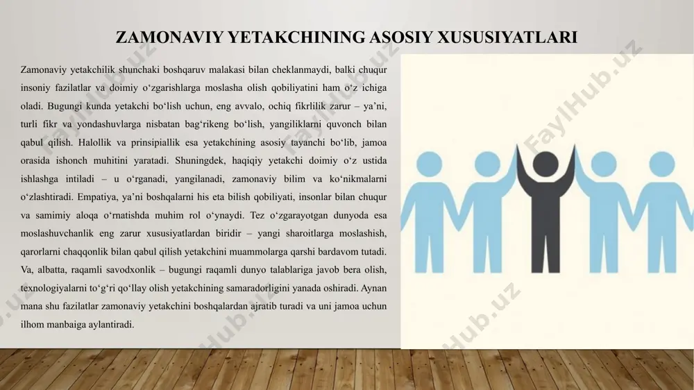 a rivojlanish yo‘lida qat’iyatli yetakchilikni davom ettirmoqda. ayol yetakchilar – tanzila norboyeva tanzila norboyeva, o‘zbekiston respublikasi oliy majlisi senati raisi, zamonaviy ayol yetakchilik timsoli sifatida mamlakatda ayollar huquqlari va gender tengligini ta’minlash bo‘yicha muhim ishlar olib bormoqda. u ayollarni ijtimoiy, siyosiy va iqtisodiy hayotga keng jalb qilish, ularning faolligini oshirish yo‘lida samarali siyosat yuritmoqda.tanzila norboyevaning rahbarligida, ayollarni qo‘llab-quvvatlash va ularning huquqlarini himoya qilishga yo‘naltirilgan bir qator qonunchilik tashabbuslari amalga oshirilgan. ayollarga nisbatan zo‘ravonlikka qarshi kurash, ularning ish joylarida teng imkoniyatlarga ega bo‘lishini ta’minlash va ayollarni ta’lim olishga keng jalb qilish kabi masalalar uning asosiy ustuvor yo‘nalishlari hisoblanadi.uning rahbarligida ayollar faolligi nafaqat ijtimoiy sohalarda, balki siyosatda ham sezilarli darajada oshdi. tanzila norboyeva o‘z faoliyatida nafaqat ayollarni himoya qilish, balki ularni yuqori lavozimlarda ishlashga rag‘batlantirishga katta e’tibor qaratmoqda. uning yetakchiligida ayollar jamiyatda yanada kuchliroq va ta’sirchan bo‘lishi uchun barcha sharoitlar yaratilmokda. yetakchilikdagi innovatsiya va moslashuvchanlik zamonaviy yetakchilar o‘z sohasida doimiy innovatsiya va …