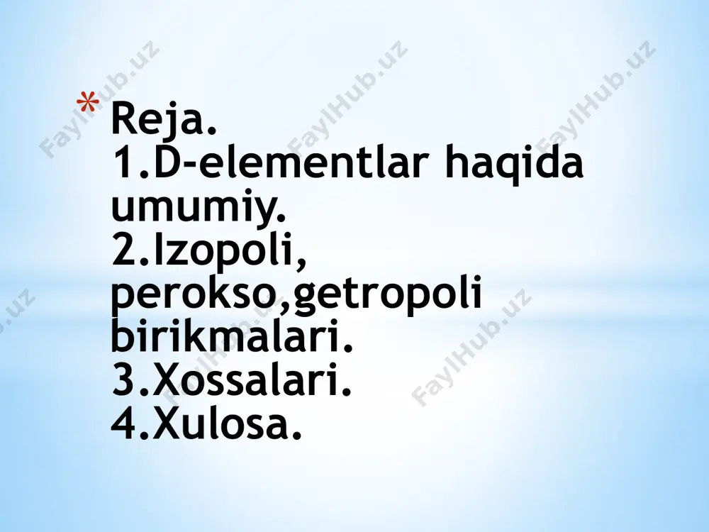 arq qilmaydi s-orbitallar erkin, elektronlar egallamaydi, 3 ga tegishli orbitallar d, 4p-kichik darajalar. taxmin qilish mumkinki, kimyoviy bog'lanish hosil bo'lganda, har bir atomning valent elektroni nafaqat 4 da joylashgan bo'lishi mumkin. s-orbitallar, balki erkin orbitallardan birida ham. atomning bitta valent elektroni unga eng yaqin qo'shni bilan bitta aloqani amalga oshirishga imkon beradi. atomning elektron tuzilishida energiya jihatidan bir oz farq qiluvchi erkin orbitallarning mavjudligi shuni ko'rsatadiki, atom o'z qo'shnisidan erkin orbitallardan biriga elektronni "tutib olishi" mumkin va keyin u bilan ikkita yagona bog'lanish hosil qilishi mumkin. eng yaqin qo'shnilar. eng yaqin qo'shnilargacha bo'lgan masofalarning tengligi va atomlarning farqlanmasligi tufayli amalga oshirishning turli xil variantlari mumkin. kimyoviy bog'lanishlar qo'shni atomlar o'rtasida. agar biz fragmentga qarasak kristall panjara to'rtta qo'shni atomdan iborat bo'lsa, unda mumkin bo'lgan variantlar rasmda ko'rsatilgan. o'tish elementlari deb ataladigan yon kichik guruhlarning metallari d - elementlarga tegishli, chunki ularning atomlarida ular d - orbital elektronlar bilan to'ldirilgan. o'tish …