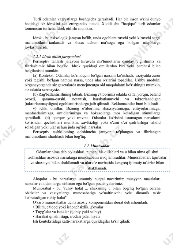 i. xuddi shu "haqiqat" turli odamlar tomonidan turlicha idrok etilishi mumkin. idrok - bu psixologik jarayon bo'lib, unda ogohlantiruvchi yoki kiruvchi sezgi ma'lumotlari tanlanadi va shaxs uchun ma'noga ega bo'lgan naqshlarga joylashtiriladi. 1.2.1 idrok qilish jarayonlari pertseptiv tanlash jarayoni kiruvchi ma'lumotlarni qanday yig'ishimiz va filtrlashimiz bilan bog'liq. idrok quyidagi omillardan biri yoki barchasi bilan belgilanishi mumkin. (a) kontekst. odamlar ko'rmoqchi bo'lgan narsani ko'rishadi: vaziyatda zarur yoki tegishli bo'lgan hamma narsa, unda ular o'zlarini topadilar. ushbu modulni o'rganayotganda siz gazetalarda menejmentga oid maqolalarni ko'rishingiz mumkin, siz odatda sezmaysiz. (b) rag'batlantirishning tabiati. bizning e'tiborimiz odatda katta, yorqin, baland ovozli, qarama-qarshi, notanish, harakatlanuvchi va takrorlanadigan (takrorlanmaydigan) ogohlantirishlarga jalb qilinadi. reklamachilar buni bilishadi. v) ichki omillar. bizning e'tiborimiz shaxsiyatimizga, ehtiyojlarimizga, manfaatlarimizga, umidlarimizga va hokazolarga mos keladigan stimullarga qaratiladi. (d) qo'rquv yoki travma. odamlar ko'rishni istamagan narsalarni ko'rishdan qochishlari mumkin: xavfsizligi yoki o'zini o'zi qadrlashiga tahdid soladigan yoki ular uchun juda og'riqli narsalar. pertseptiv tashkilotning …
