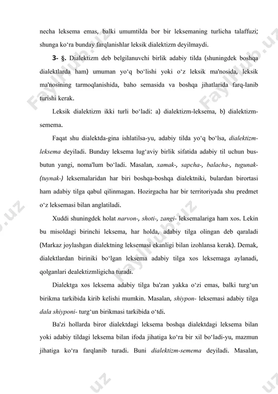 ialektda pashsha- deyiladi va b. bu yerda leksemalar go‘yo o‘rin almashib qolgandek bo‘ladi. dialektlarga ko‘ra ba'zan leksemalarning ma'no hajmida ham farq mavjud bo‘ladi. buni dialektizm-sememaning bir ko‘rinishi deb baholash kerak. masalan, ba'zi dialektlarda meva turlaridan birining ho‘li ham, qurug‘i ham o‘rik- deb nomlanaveradi, boshqa bir dialektda esa o‘rik- deb faqat ho‘l mevaga aytiladi, qurug‘i esa turshak- deyiladi. demak, o‘rik- leksemasining ma'no hajmi bir dialektda keng, boshqa dialektda esa tor bo‘lib chiqadi. ishlatilish doirasi kasb-korga ko‘ra chegaralangan lug‘aviy birliklar professionalizm deyiladi (lot. professio - (kasb-kor(, (mutaxassislik(). dialektizm ma'lum joyda yashovchilar uchun-gina tushunarli bo‘lsa, professionalizm ma'lum kasb-kor egalari doirasida ishlatilib, shularga tushunarli bo‘ladi. o‘z dialektining ta'siri bilan izohlanadigan ba'zi ayrimliklarni hisobga olmaganda, shu kasb egasi qaysi territoriyada yashashidan qat'i nazar, professionalizm ular uchun odatda umumiy bo‘ladi. professionalizmlarning asosiy qismini har bir kasb-korda shu sohaning terminlari tashkil qiladi. masalan, ipakchilik terminlari kabi. professionalizm turli fan-texnika, maktab-ma'orif sohalarida, ma'muriy-xo‘jalik ishlarida va boshqa sohalarda ham …
