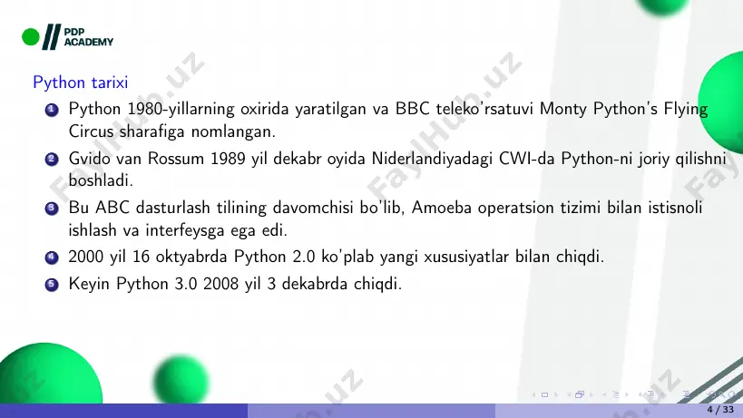 bering, biz ro’yxat uchun turni ham e’lon qilmaymiz. ro’yxatda har xil turdagi elementlar ham bo’lishi mumkin va indekslash 0 dan boshlanadi: 1 person = ['firstname ', 21]; 2 print(person [1]) shuningdek, ro’yxatlarni kesishingiz mumkin; kesish - undan ba’zi qiymatlarni olish usuli. bu haqda keyingi darslarda ko’proq bilib olamiz. 16 / 33 python konstruktsiyalari tuple (kortej) kortej ro’yxatga o’xshaydi, lekin u o’zgarmasdir (uning qiymatlarini o’zgartira olmaysiz). 1 pizza = ('base', 'sauce', 'cheese ', 'mushroom ') 2 pizza [3] = 'jalapeno ' bu typeerrorni keltirib chiqaradi. dictionary lug’at kalit-qiymat juftliklari to’plamidir. buni jingalak qavslar va kalit-qiymat juftlarini ajratish uchun vergul yordamida e’lon qilnadi. shuningdek, qiymatlarni kalitlardan ikki nuqta (:) yordamida ajratiladi. 1 student = {'name': 'abc', 'age': 21} 2 print(student['age']) 17 / 33 python konstruktsiyalari izohlar va hujjatlar qatorlari oktotorp (#) yordamida izohlarni e’lon qiling. biroq, python ko’p qatorli sharhlarni qo’llab-quvvatlamaydi. docstrings - bu kodni tushuntirishga yordam beradigan hujjat satrlari. 1 #bu …