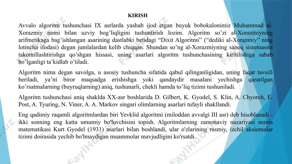 ostini olib tashlash; elementni o'chirish. b-daraxt (b-tree) b-daraxt - bu tugunlari tashqi xotirada saqlanadigan (masalan, hdd / ssd-da) muvozanatli qidiruv daraxti. har qanday vaqtda, b daraxtining faqat bir qismi operativ xotirada (daraxtning kattaligi operativ xotira miqdoridan sezilarli darajada oshib ketishi mumkin) b-daraxtlar fayl tizimlarida va ma'lumotlar bazasini boshqarish tizimlarida (mbbt) ishlatiladi rud rudolf bayer va edvard m. makkreyt tomonidan boeing tadqiqot laboratoriyalari, aqsh, 1971 yilda yaratilgan. b daraxtlari nomidagi "b" harfi: boeing, bayer, ... b daraxtining balandligi o(logn) dan oshmaydi, bu erda n - daraxtdagi tugunlar soni b-daraxt tugunlarida ko'plab avlod tugunlari bo'lishi mumkin -mingtagacha; b - daraxtining har bir tugunida 1 tadan ortiq kalit bo'lishi mumkin; agar ichki tugunda k kalitlar bo'lsa, u holda k + 1 ta tugun mavjud. bitta kalit ikkita kalit ikkita kalit uch bosqich kalit tugun b daraxti (b-tree) quyidagi xususiyatlarga ega bo'lgan ildiz otgan daraxtdir: 1) har bir tugunda maydonlar mavjud: - tugunda saqlangan …