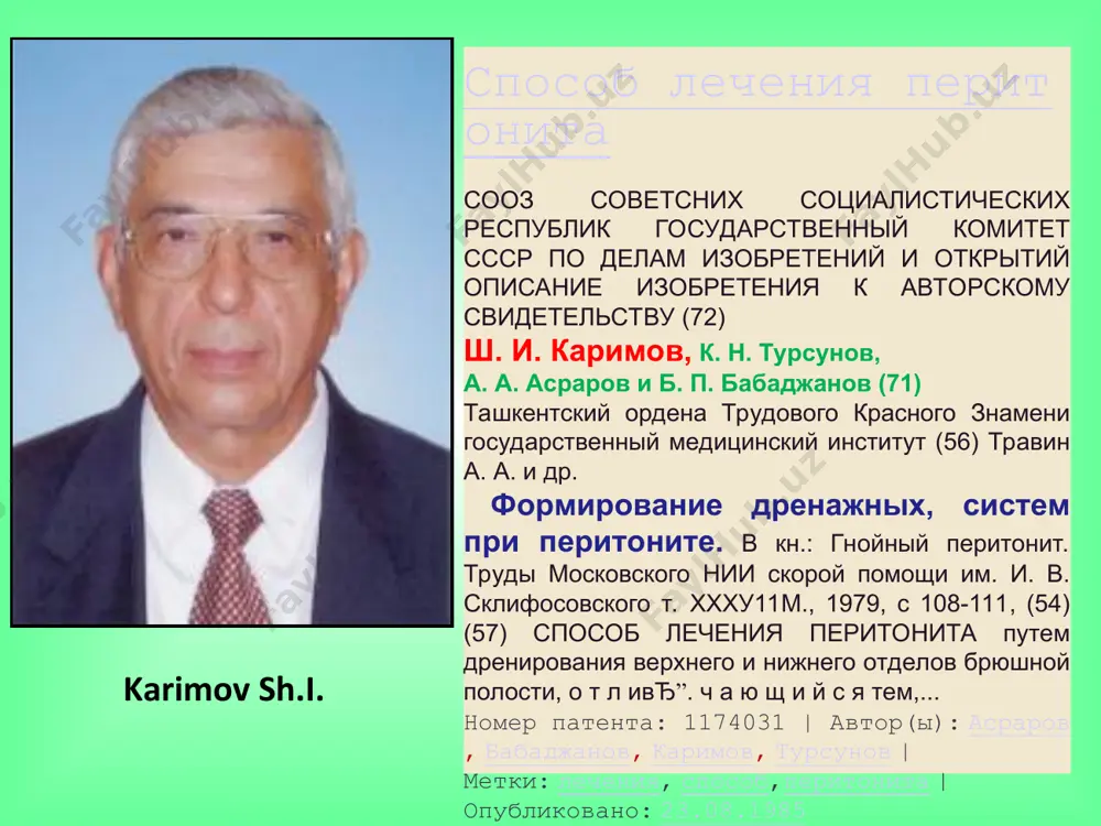 ovush tekshiruvi qorin bo‘shlig‘i obzor rentgenografiya invaziv laparotsentez -“izlovchi” kateter usuli diagnostik laparo-skopiya diagnostik laparo-tomiya qorin bo‘shlig‘i ultra tovush tekshiruvi qorin bo‘shlig‘ida erkin suyuqlik rentgenogramma rentgenogrammada kloyber kosachalari: kengaygan ingichka ichakda gaz va suyuqlik to‘planishi diagnostik laparoskopiya ishonchli usul bo‘lib peritonit manbai va ekssudat xarakterini aniqlashga imkon beradi. diagnostik laparotomiya laparoskopiya usuli imkoni yo‘q shifo-xonalarda q¢llani-ladi. o‘tkir peritonitni davolash bosqichlari amaliyot oldi tayyorgarlik jarrohlik usuli amaliyotdan keyingi davolash amaliyotdan oldingi tayyorgarlik muammosi bir tomondan buzilgan funksiyalarni shunchalik yetarli tiklash lozimki, amaliyot bemor uchun eng kam xavf tug‘dirsin ikkinchi tomondan qorin bo‘shlig‘idagi yiringli jarayonni iloji boricha tezroq bartaraf qilish lozim, bu o‘z navbatida amaliyot oldi tayyorgarlikni tejaydi. bemor ahvoli qanchalik og‘ir bo‘lsa amaliyot oldi tayyorgarligi shunchalik murakkab bo‘ladi barvaqt jarrohlik amaliyoti мaksimum 2 sоат i. volemik, elektrolit va mikrotsirkulyator buzilishlar korreksiyasi laktosol disol ringera eritmasi 30-40ml 10% kaliy xlorid eritmasi reopoli- glyukin va gemodez amaliet oldi tayyorgarligi ii. gipo- va disproteinemiya …