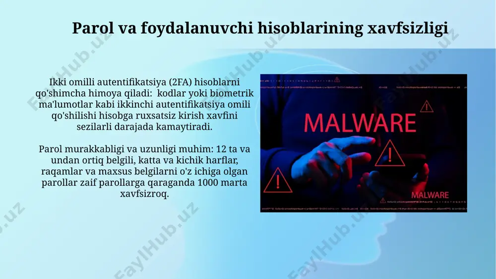 dasturlarini muntazam yangilab turish va kamida 3 ta turli xil antivirus yordamida tekshiruv o'tkazish samarali hisoblanadi. shubhali veb-saytlar va elektron pochta xabarlaridan ehtiyot bo'lish, shuningdek, operatsion tizim va dasturlarni muntazam yangilash zararli dasturlardan himoya qilishning muhim jihati hisoblanadi. e'tiboringiz uchun rahmat @taqdimot_robot image2.jpg image3.jpg image4.jpg image5.jpg image6.jpg image7.jpg image8.jpg image9.jpg image10.jpg image11.jpg image12.jpg image13.jpg image14.jpg image15.jpg image16.jpg image1.png
