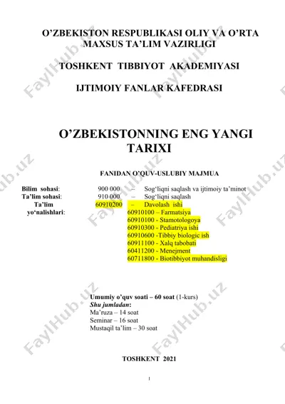 o’zbekistonning eng yangi tarixi fanidan o’quv-uslubiy majmua — DOC
