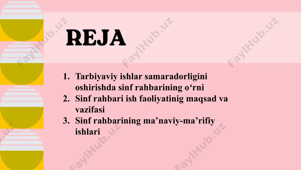 kllaridan biri sinf ota-onalar majlisi oʻtkazishdir. sinf majlisi oʻtkazish uchun, avvalo, jamoani jipslashtirish zarur. sinf rahbari majlisda koʻplab bolalar tarbiyasiga oid masalalarni koʻradi. sinf majlisida 3-4 ta masalalar koʻrilib, muammoli tomonlar tahlil qilinadi va oʻz yechimini topishi kerak boʻladi. sinf rahbari har doim oʻquvchilardan xabardor boʻlib turishi kerak. masalan, bir oʻquvchining oʻzlashtirishi yomon boʻlsa, uni yaxshilash uchun oʻqituvchi birinchi oʻrinda ota-onasi bilan uchrashib, surishtirishi lozim. nimaga yaxshi oʻqimaydi, nima uchun darslarni oʻz vaqtida qilmaydi, shular haqida ota-onasi bilan suhbat olib borishi kerak. agar bolaning oilasida hamma sharoit boʻlib bola oʻzi yaxshi oʻqishni xohlasada, oʻzi oʻylagan natijaga erisha olmayotgan boʻlsa, oʻqituvchi bolani yaxshi oʻqiydigan oʻrtogʻining yoniga oʻtkazib qoʻyish kerak. bundan tashqari shunga oʻxshagan oʻzlashtiruvchi oʻquvchilarni yigʻib, har xil fanlardan masalan, matematika, ona tili, oʻqish va boshqalardan qoʻshimcha darslarni tashkil etib, bolalarni oʻqishga boʻlgan talablarii, qiziqishini yanada oshirishga oʻqituvchi harakat qilishi kerak. oʻqituvchi oʻquvchilarning ota-onalari bilan faol ishlashi zarur. negaki, maktabda sinfda …