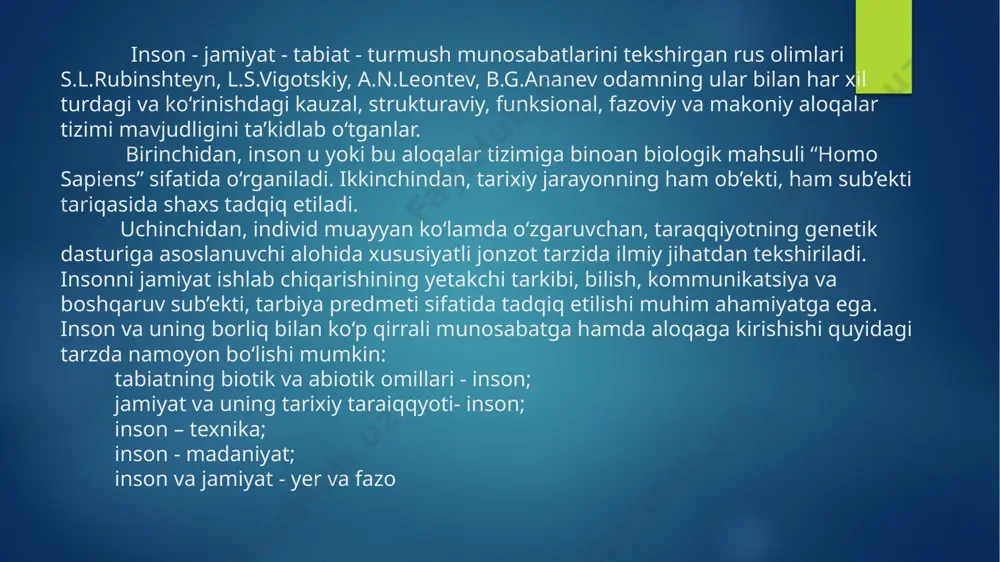 komplekslar qatoriga nutq, eshitish, ko‘rish hamda sensomotor komplekslarni kiritish mumkin. mana shu komplekslarning hammasi odamning hayot -faoliyati jarayonida o‘zaro bir-biri bilan doimiy aloqaga kirishib, sensor-perseptiv uyushishning yagona funksional dinamik tizimini yaratadi. insonning sensorperseptiv jihatlari doimo takomillashib bor ikkinchi tizim barqaror psixik holatlarni o‘z ichiga oladi. bu holatlar bolaning aniq maqsadni ko‘zlovchi va foydali faoliyatining ongli sub’ekti sifatida bola boshlagan ilmlarining dastlabki yillaridayoq shakllana boshlaydi. temperament, intellekt, bilim va munosabat ana shunday xususiyatlar jumlasiga kiradi. uchinchi tizim - shaxsni arbob sifatida stabilizatsiya tizimidir. yo‘naltirilganlik, qobiliyat, mustaqillik va xarakter uning tarkibiy qismini tashkil etadi. yo‘naltirilganlik - shaxsning integral va generalizatsiya qilingan xususiyatidir. integral-(lotin tilida - «butun», «tiklangan»)– uzviy bog‘liqlik, butunlik, birlikdir. generalizatsiya (lotin tilida- «umumiy», «bosh») - shartli va shartsiz reflekslarning umumlashishi. yo‘naltirilganlik bilim, munosabatlarning hamda shaxsning xulq-atvori va hatti-harakatlarida ijtimoiy ahamiyat yetakchilik kilgan motivlarning bir butun ekanligida o‘z ifodasini topadi. bu xususiyat odamning dunyoqarashi, qiziqishlari va ma’naviy ehtiyojlarida namoyon bo‘ladi. to‘rtinchi …
