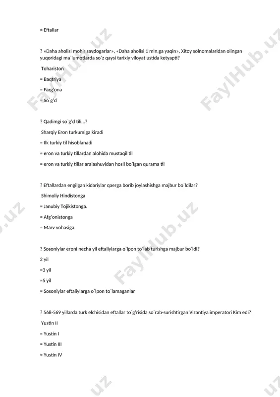 lgan? xioniylar = kidariylar = toharlar = temuriylar ? vi-vii asrlarga oid ganchkor xumo qushi tasviri qaysi tarixiy yodgorlikdan topilgan? varaxshadan = bolaliktepadan = tuproqqal`adan = yunusobod qo`rg’onidan ? quyidagi qaysi javobda ilk o`rta asrlarga oid tasviriy san`at namunalari topilgan tarixiy yodgorliklar sanab o`tilgan? bolaliktepa, panjikent, varaxsha, afrosiyob va quva = bolaliktepa, yunusobod, xolchayon = axsikent, afrosiyob, panjikent, varaxsha = quva, bolaliktepa, panjikent, tuproqqal`a ? vi-viii asrlarda haykaltaroshlikning rivojiga turtki bo`lgan asosiy sababni toping.? buddaviylik dinining yoyilishi = nasroniylik dinining yoyilishi = mahalliy hokimlar homiyligi = moniylikning yoyilishi ? buxoro o`rnashgan er ilgari botqoq, to`qay bo`lib, hayvon ham oyoq qo`yishga joy topa olmagani to`g’risida qaysi tarixchi yozib qoldirgan? narshaxiy = istaxriy = al-muqaddasiy = abu-dulaf ? 1968 yili l. al’baum tomonidan tomonidan topilgan, 1969-74 yillarda a. asqarov tomonidan o`rganilgan surxondaryodagi jez davri yodgorligini toping. sopollitepa = eylatan = joytun = jarqo`ton ? sopollitepadagi kenotaf qabrlarning deyarli barchasi… erkaklarga tegishli edi …