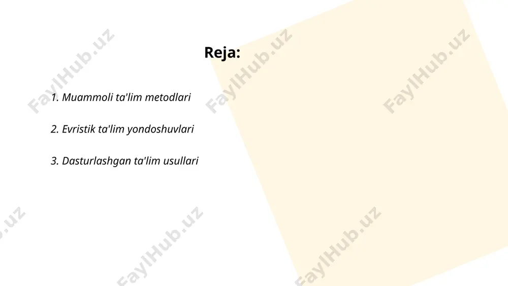 ssa qo'shishi mumkin. evristik metodlar o'quvchilarning mustaqil o'rganish qobiliyatini 30% ga oshirishi mumkin. shu bilan birga, bu yondashuv o'qituvchilarni 10-15% ko'proq ijodkorlik bilan dars berishga undaydi. ... t.me/slaydai_bot 3. dasturlashgan ta'lim usullari dasturiy vositalar va raqamli texnologiyalar yordamida ta'lim jarayonlarini avtomatlashtirishga qaratilgan. ushbu usullar ta'limni individualizatsiyalash va interaktiv qilish imkonini beradi. o'quvchilar uchun qiziqarli bo'lgan ko'rgazmali materiallar, masalan, interaktiv darsliklar va video darslar, ko'proq ma'lumotni tushunarli qiladi. 2020-yilgacha global onlayn ta'lim bozori hajmi 101 milliard dollarni tashkil etgan, bu esa dasturlashgan ta'lim vositalarining keng qo'llanilayotganini ko'rsatadi. yana bir jadallik, ta'limning har bir bosqichida muloqot va o’zlashtirish darajasini oshirish orqali ta'lim sifati yaxshilanadi. onlayn kurslar va elektron darsliklar orqali ta'lim olish zamonaviy va qulay uslubga aylanib bormoqda. ... t.me/slaydai_bot blokli ta'lim metodlari ta'lim jarayonini ma'lum mavzular yoki bloklar bo'yicha tashkil etishni nazarda tutadi. bu metodda darslar chuqur tahlil qilish uchun uzluksiz ravishda bir nechta dars yoki soat davomida bir mavzuga bag'ishlanadi. …