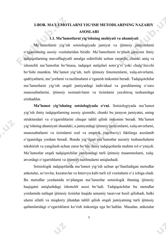 orlar. sotsiologik tadqiqot jarayonida yig‘ilgan ma’lumotlar ilmiy tahlil va qaror qabul qilishda asosiy rol o‘ynaydi. tadqiqotchi ma’lumotlarni tahlil qilish orqali nafaqat jamiyatning mavjud holatini aniqlaydi, balki kelajakdagi ijtimoiy jarayonlarni prognoz qilish, o‘zgarishlarni kutilgan tarzda boshqarish va ijtimoiy siyosatni shakllantirishda ham muhim qarorlar qabul qiladi. birinchi navbatda, ma’lumotlarning sifatiga, to‘liqligiga va ishonchliligiga asoslanib, tadqiqotchi tadqiqot usulini tanlaydi. misol uchun, agar tadqiqot ko‘proq miqdoriy ma’lumotlarga asoslangan bo‘lsa, statistik tahlil usullari tanlanadi. agar sifatli tahlil zarur bo‘lsa, tadqiqotchi intervyu yoki kuzatuv kabi metodlarni tanlaydi. tadqiqotchi, shuningdek, ma’lumotlarning aniqligi va to‘g‘riligi darajasini baholashga katta e’tibor beradi, chunki bu qarorlar qabul qilishda noaniqliklar yoki xatoliklarning oldini olishda yordam beradi. ma’lumotlar asosida tadqiqotchi xulosalar chiqaradi, bu xulosalar esa ijtimoiy siyosat va strategiyalarni ishlab chiqishda qo‘llaniladi. agar tadqiqot jamiyatdagi biror ijtimoiy muammo yoki o‘zgarishni ko‘rsatgan bo‘lsa, bu asosda yangi siyosat yoki strategiyalarni amalga oshirish mumkin. masalan, agar tadqiqotda ma’lum bir guruhda ta’lim darajasi pastligi aniqlansa, bu o‘zgarishni …