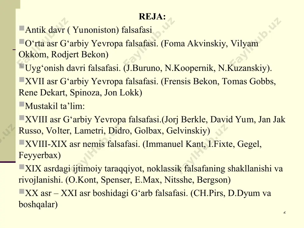 ga-buddizm, jay- nizm, konfutsiychilik, daochi- lik, g'arb falsafasida esa, bu platon, suqrot, eley maktabi). sharq va g‘arb falsa- fasi rivojlanishining umumiy qonuniyati uning metodologik ahamiyat kasb etuvchi haqiqiy ilmiy bilimga erishish yo‘lida ilmiy izla- nishlar olib borishidir. * qadimgi yunon (antik) falsafasining rivojlanish davrlari suqrotgacha bo'lgan davr (era. vii-v asr) ularning asosiy muammosi tabiat hodisa-larini tushuntirish, kosmos mohiyati, tevarak-atrof, borliqning kelib chiqishi edi, falsafa uslubi – o'z duneqarashini bayon qilish va ularni dogmaga aylantirish «suqrotgacha bo'lgan faylasuflar, bu davrning vakillari»  milet maktabi – «fiziklar» fales, anaksimandr, anaksimen  efeslik geraklit  eley maktabi  atomchilar (demokrit, levkipp)  barcha boshqa faylasuflar  klassik (mumtoz) suqrat davri (er.av. v asr o'rtasi iv oxiri - qadim yunon falsafasining gullab-yashnagan davr) * fales (eramizdan oldingi 624-547 yillar), u milet shahrida istiqomat qilgan. dunyoning asosida suv yotadi, hamma narsa suvdan kelib chiqadi va yana suvga aylanadi. anaksimen (eramizdan oldingi 588-525 yillar) havoni hamma …