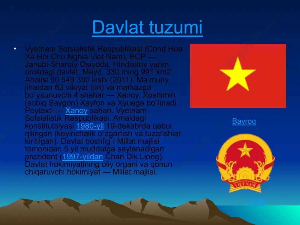 45-yilning mayida ozodlik uchun kurashayotgan hamma kuchlar vyetnamni ozod qilish armiyasi (keyinchalik vyetnam xalq armiyasi)ga birlashtirildi. iyunda shimoliy vyetnamning olti viloyati yaponlardan ozod qilindi. markaziy va janubiy vyetnamda partizanlar kurashi hamda ozodlik umum vetnam milliy kongressi qurolli qo`zg`olonni boshlash to`g`risida qaror qabul qildi va xo shi min rahbarligida milliy ozodlik komiteti (muvaqqat hukumat) tuzildi. mamlakatning ko`p qismi mustamlakachilardan ozod qilinib, 1945-yil 2-sentyabrda mustaqil vyetnam demokratik respublikasi (vdr) tuzildi. 2-jahon urushida yapon militaristlari tor-mor qilingandan so`ng 1945-yil dekabrdan boshlab vyetnamga fransuz mustamlakachilari bostirib kirdi. siyosiy partiyalari siyosiy partiyasi, kasaba uyushmasn va b. jamoat tashkilotlari. vyetnam kommunistik partiyasi, 1930-yilda tuzilgan; vyetnam vatan fronti, vsr siyosiy partiya va jamoat tashkilotlarini birlashtiruvchi yagona front, 1977-yilda tuzilgan; vyetnam mehnat umumiy konfederatsiyasi, 1929-yilda tuzilgan. jahon kasaba uyushmalari federatsiyasiga kiradi sanoati sanoati tarkibida yengil va oziqovqat tarmoqlari ustun. juda ko`p kichik sholi oqlash, qand-shakar, pivo va konserva zavodlari, choy va tamaki fabrikalari bor. xanoy, namdin, xayfon, xoshimin …