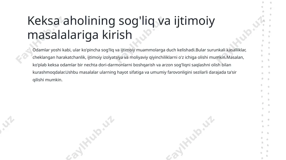 ta'sir qilishi mumkin.masalan, keksa odam yoshga asoslangan stereotiplar va noinslarga duch kelishi mumkin, ularning bandlik istiqbollarini cheklaydigan yoki ba'zi xizmatlarga kirish huquqini beradi.vilialning munosabatlarini va keksa yoshdagilarga hurmat va qo'shilishiga ko'maklashish juda muhimdir. uzoq muddatli parvarish va uy-joy ko'pgina keksa odamlar yoshi kabi uzoq muddatli parvarish va uy-joylarni, masalan, turmush qurganlar, qariyalar uylari yoki uy parvarishlariga yordam berishadi.masalan, cheklangan harakatchan bo'lgan keksa odam kundalik hayot faoliyatida yordamga muhtoj bo'lishi va xavfsizlik va foydalanish imkoniyatlarini ta'minlash uchun ularning uylariga o'zgartirishlarni talab qilishi mumkin.qariya aholisining turli ehtiyojlarini qondirish uchun bir qator uy-joy va parvarishlash imkoniyatlarini ta'minlash juda muhimdir. siyosat va targ'ibot keksa aholining sog'liq va ijtimoiy masalalariga murojaat qilish siyosatning o'zgarishi, targ'ibot harakatlari va jamiyatni qo'llab-quvvatlashni talab qiladi.masalan, sog'liqni saqlash tizimiga, qulay uy-joy va ijtimoiy dasturlarni qo'llab-quvvatlash keksa odamlarning farovonligini yaxshilashga yordam beradi.katta yoshdagi kattalar uchun keksa aholining ehtiyojlarini ustuvorlashtirish va katta miqdordagi kattalar uchun ko'proq inklyuziv va qo'llab-quvvatlanadigan jamiyatni yaratish juda …